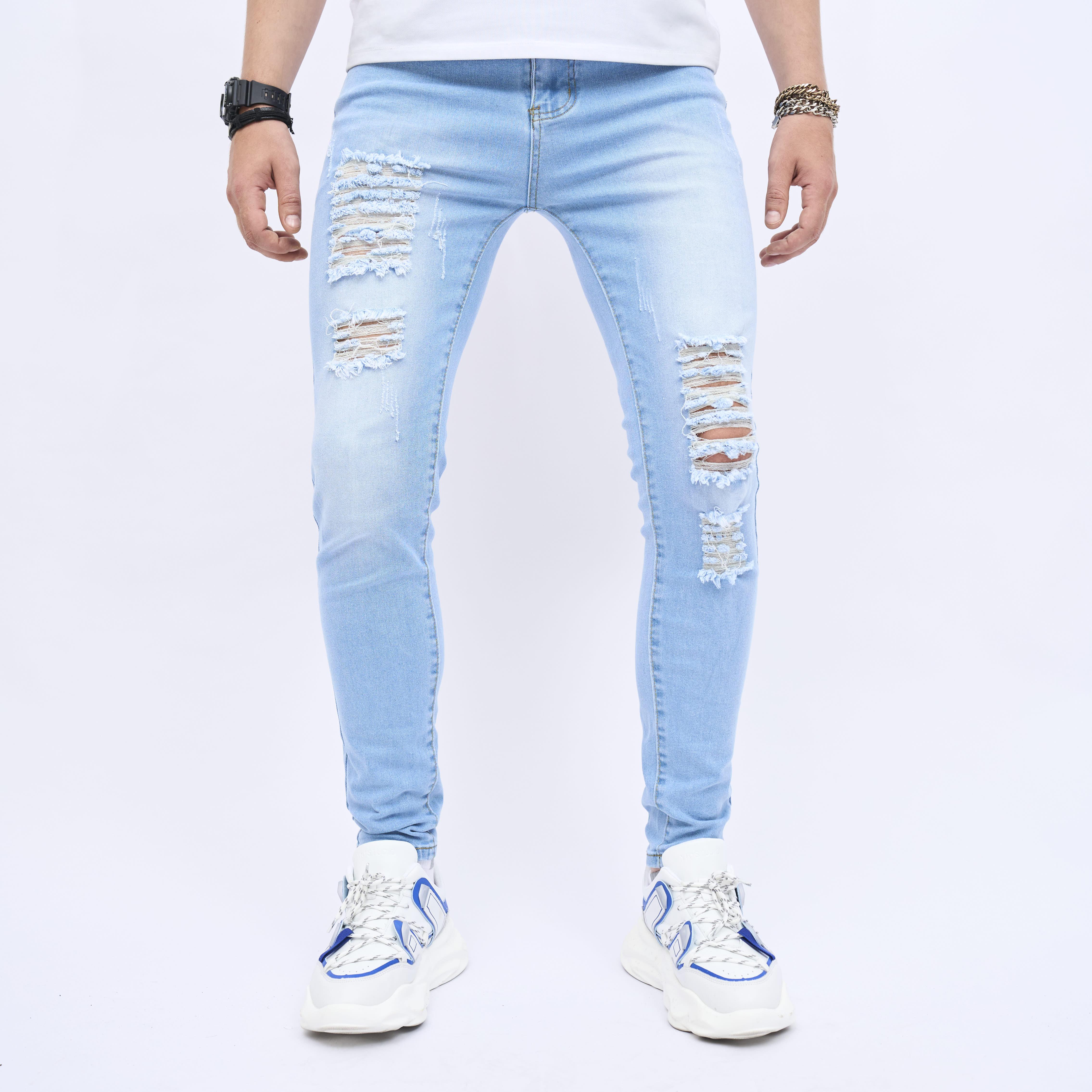 2023 retro distressed knee ripped jeans slim small feet light blue cotton jeans details 4