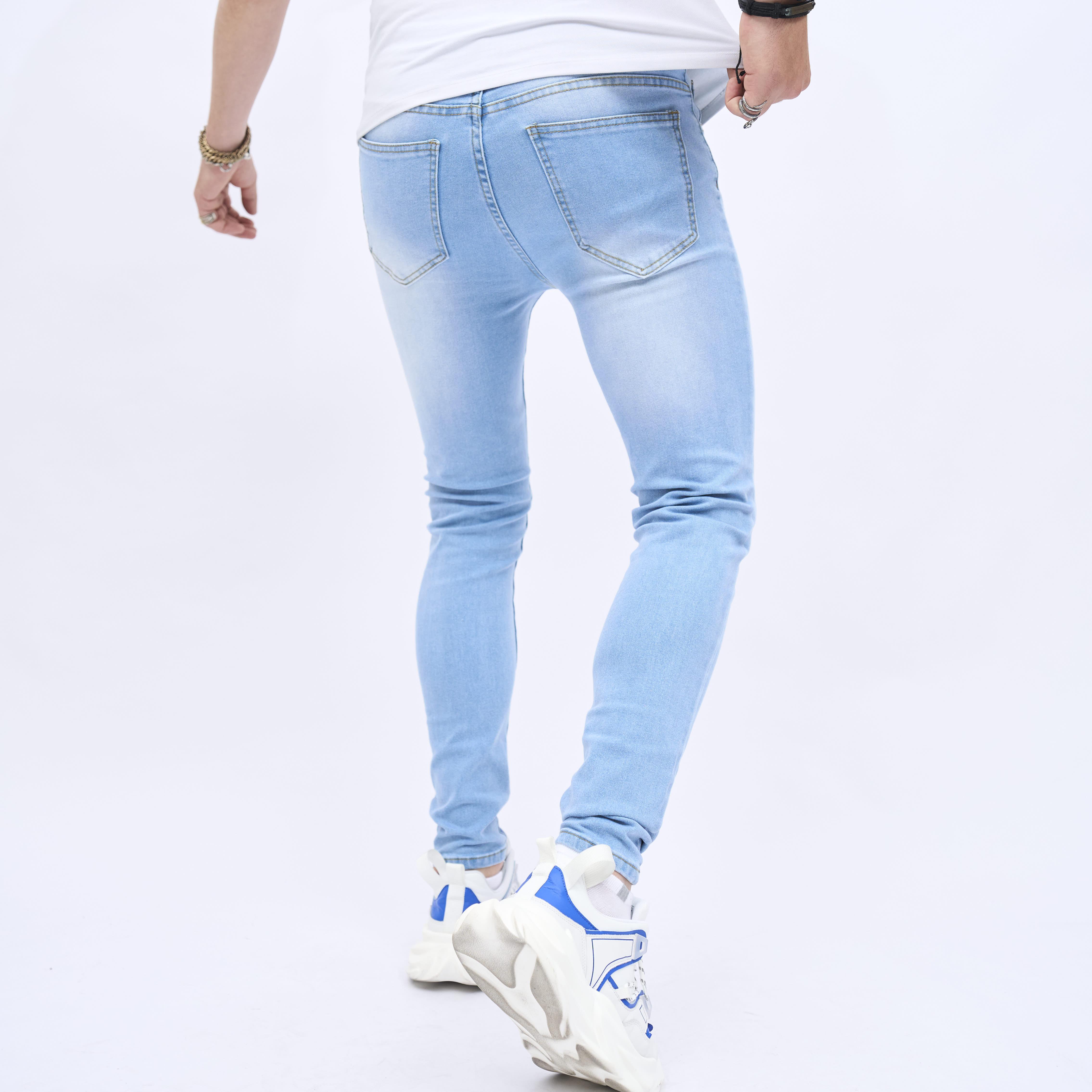 2023 retro distressed knee ripped jeans slim small feet light blue cotton jeans details 5