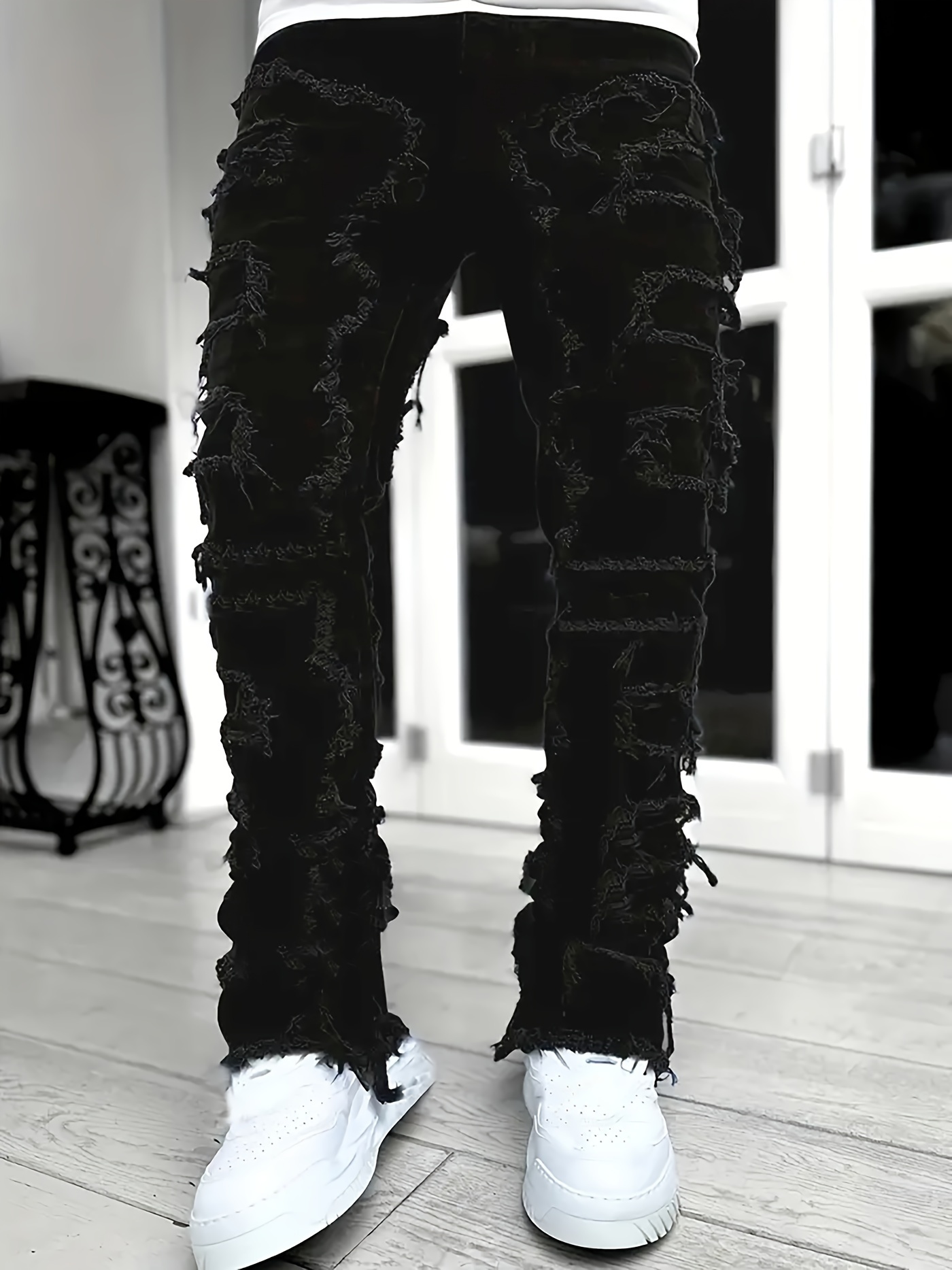 y2k hip hop style raw trim jeans mens casual street style stretch denim pants details 5