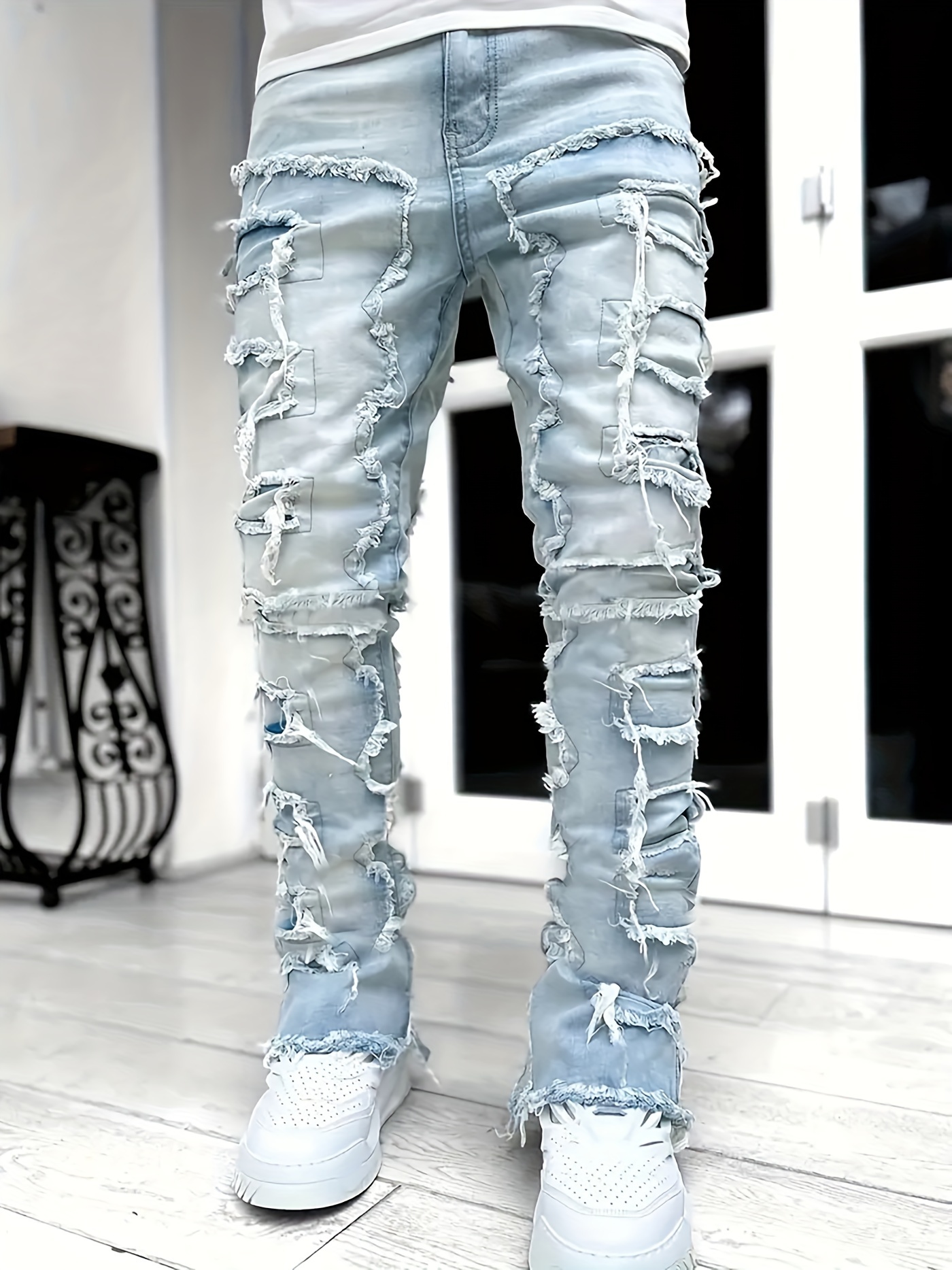 y2k hip hop style raw trim jeans mens casual street style stretch denim pants details 11