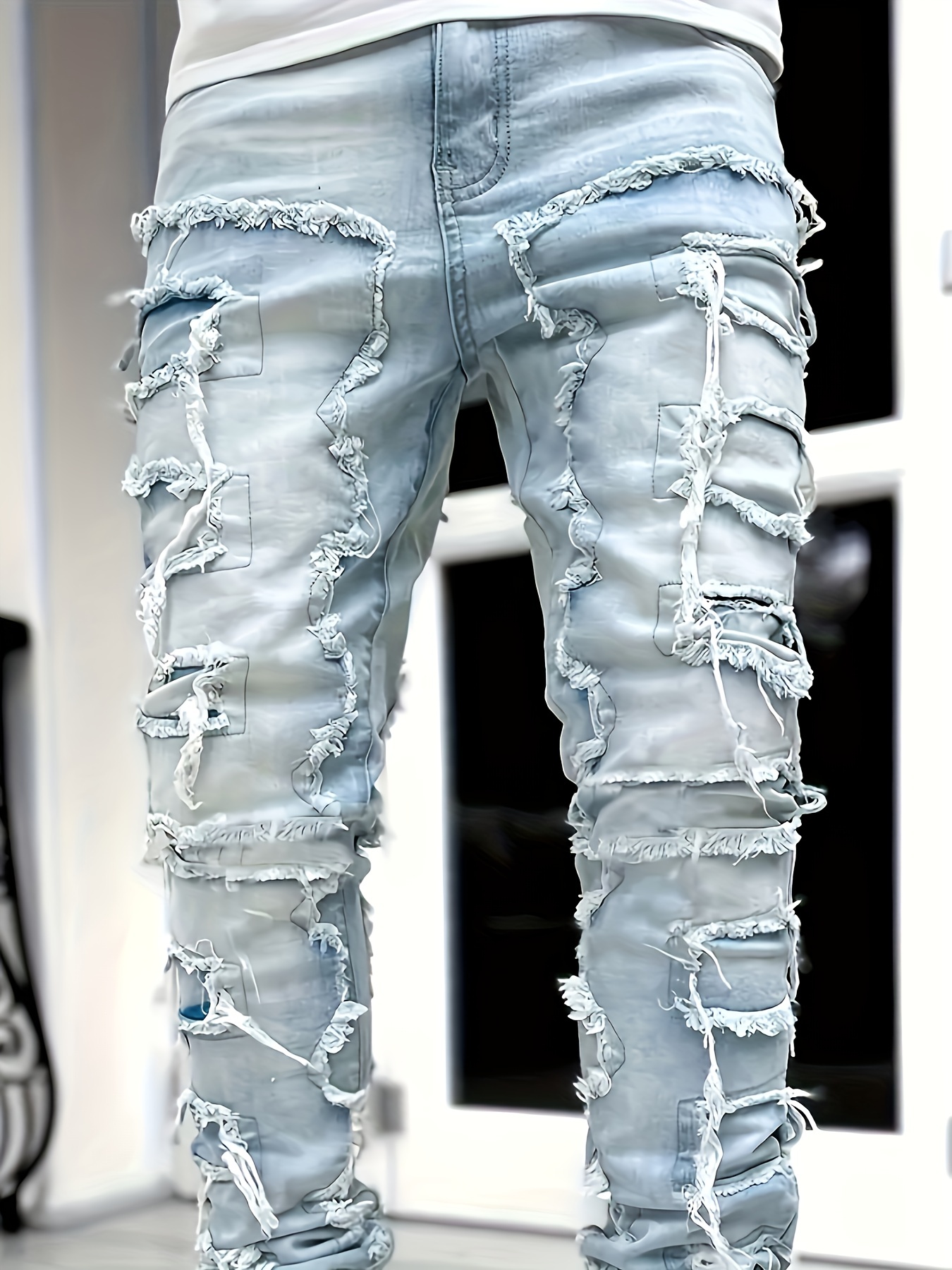 y2k hip hop style raw trim jeans mens casual street style stretch denim pants details 13