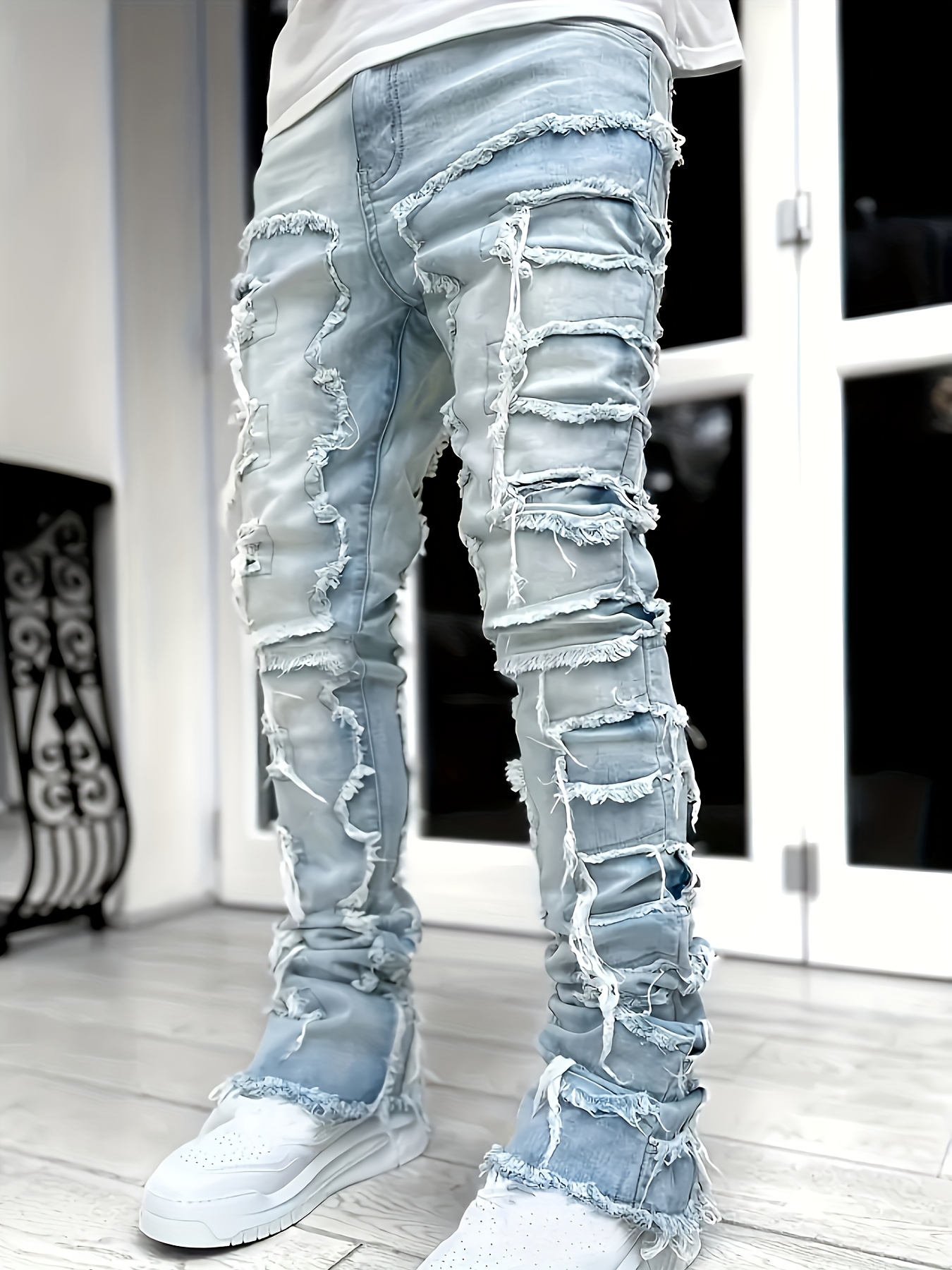 y2k hip hop style raw trim jeans mens casual street style stretch denim pants details 14