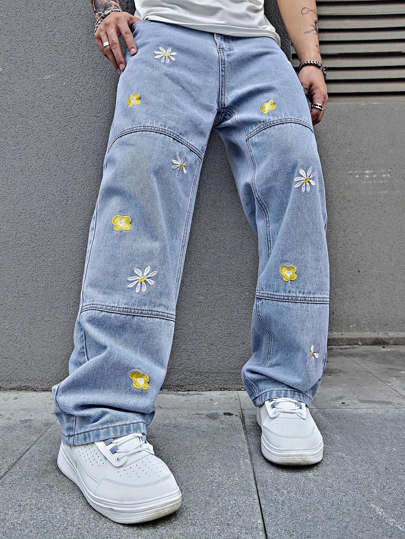 mens flower embroidery loose fit jeans casual street style jeans details 1