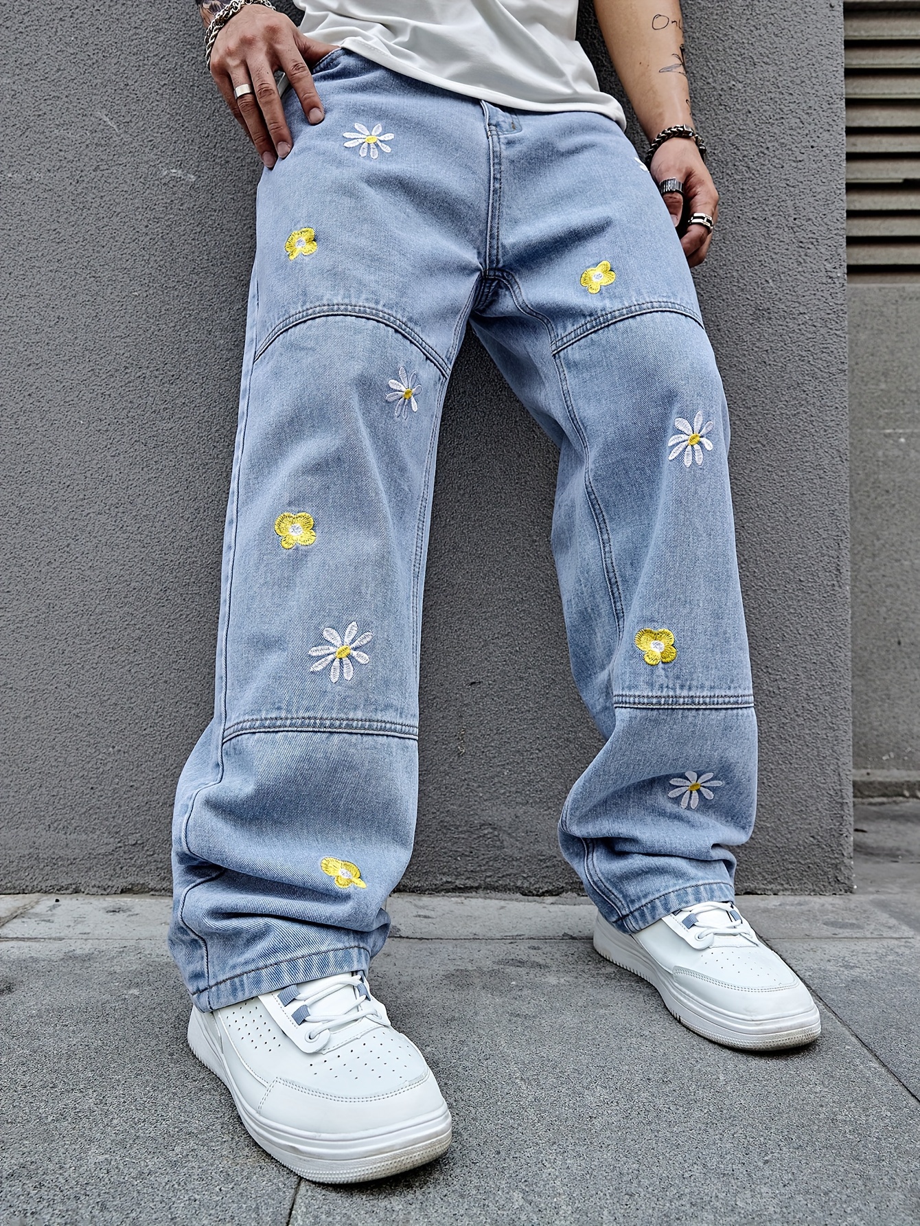 mens flower embroidery loose fit jeans casual street style jeans details 2