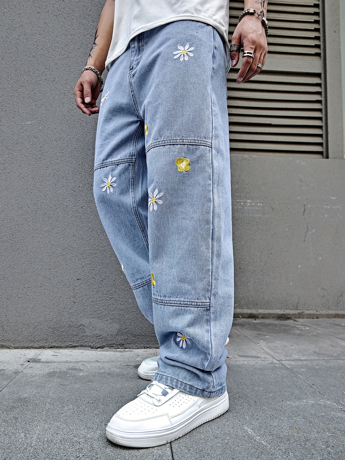 mens flower embroidery loose fit jeans casual street style jeans details 3