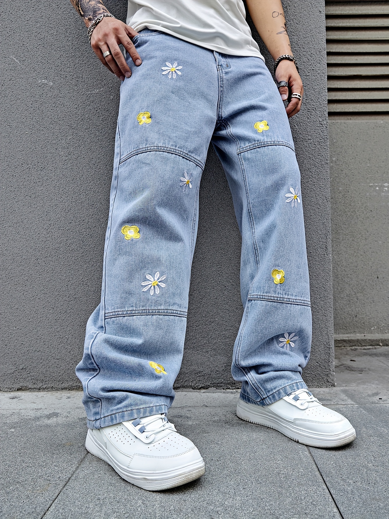 mens flower embroidery loose fit jeans casual street style jeans details 5