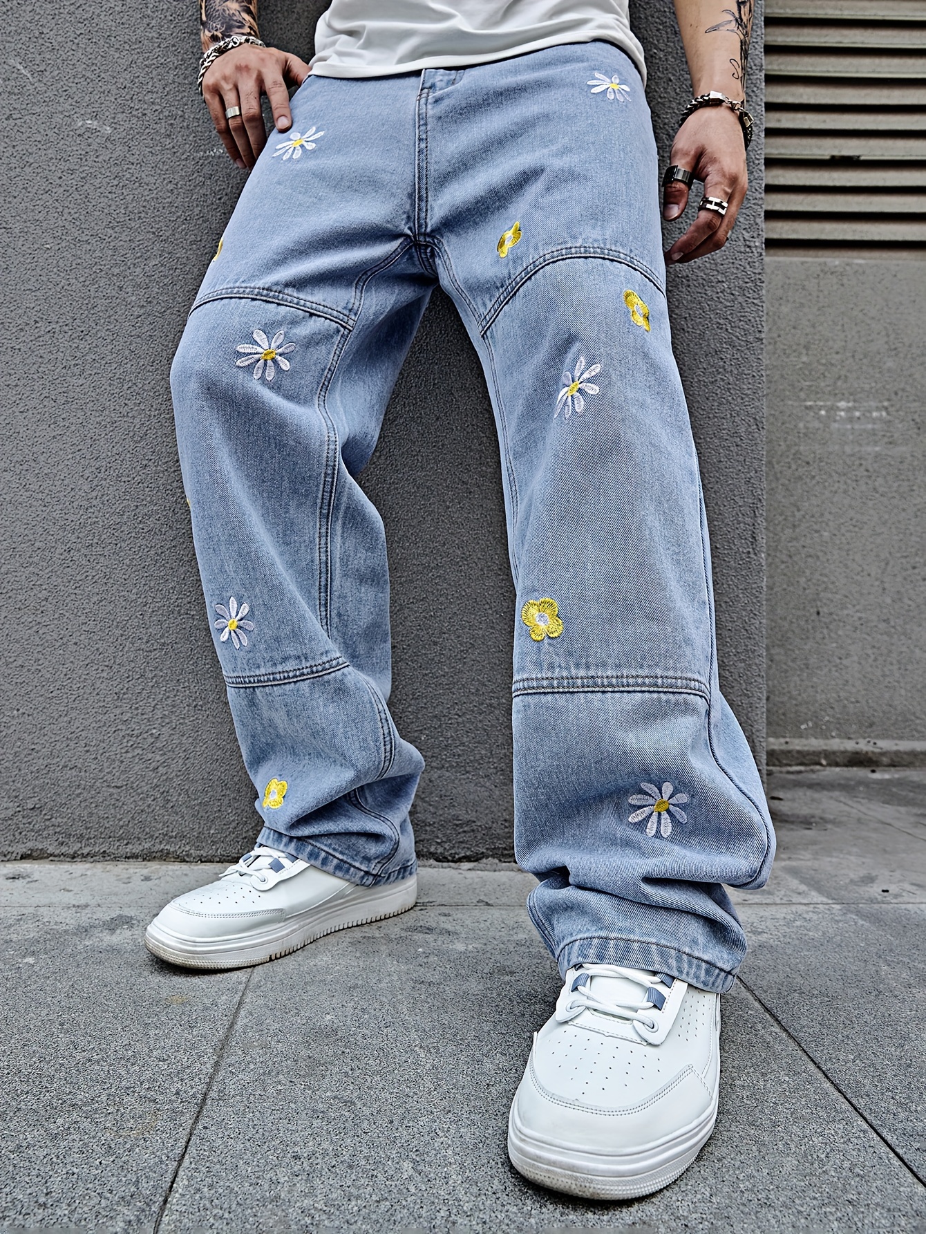 mens flower embroidery loose fit jeans casual street style jeans details 6