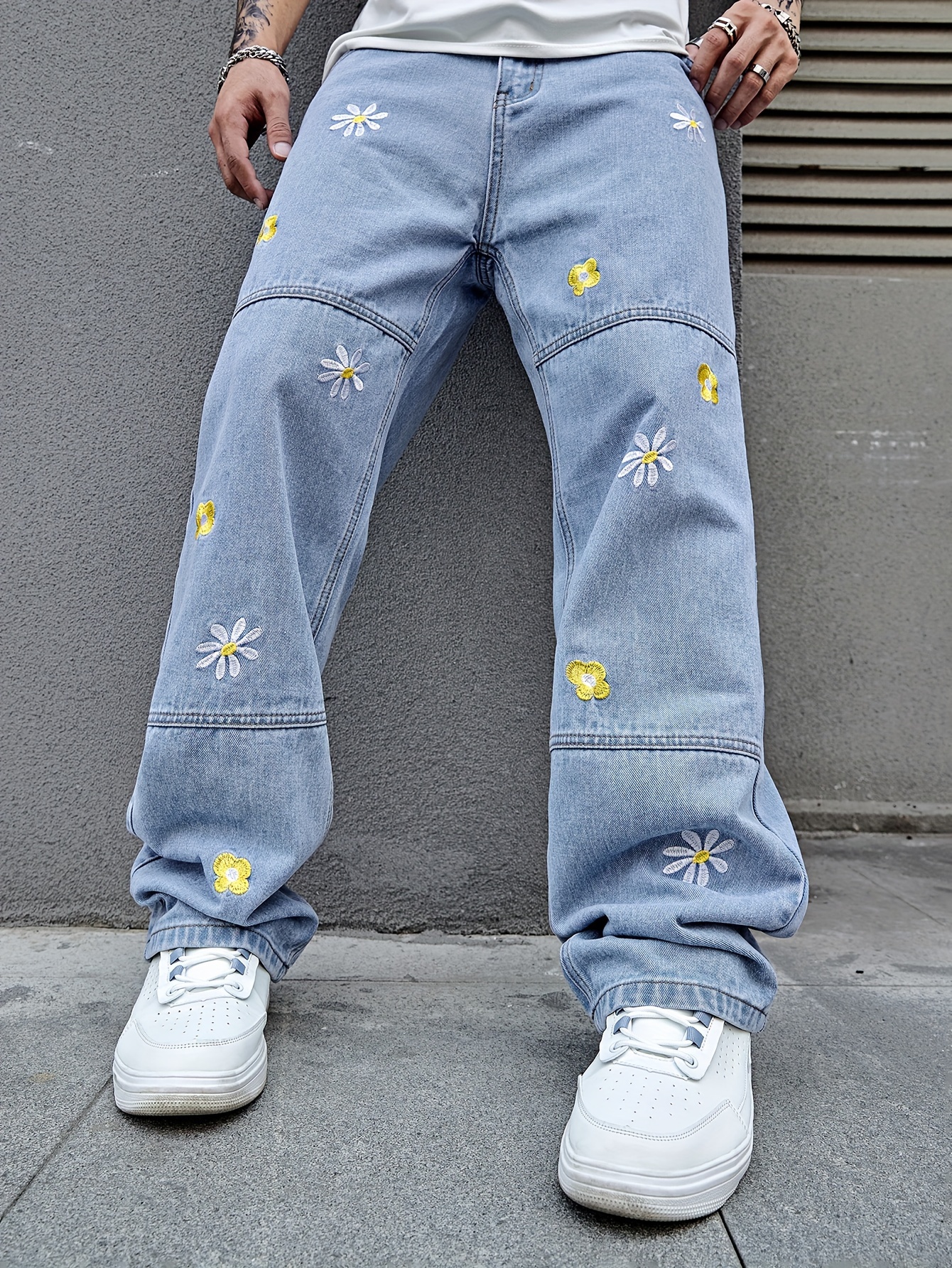 mens flower embroidery loose fit jeans casual street style jeans details 7