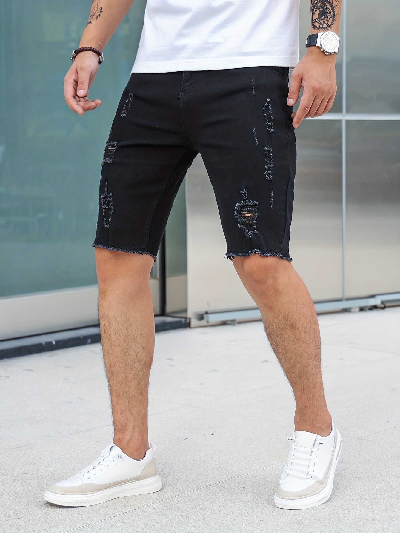 slim fit ripped denim shorts mens casual street style medium stretch distressed denim shorts for summer details 1