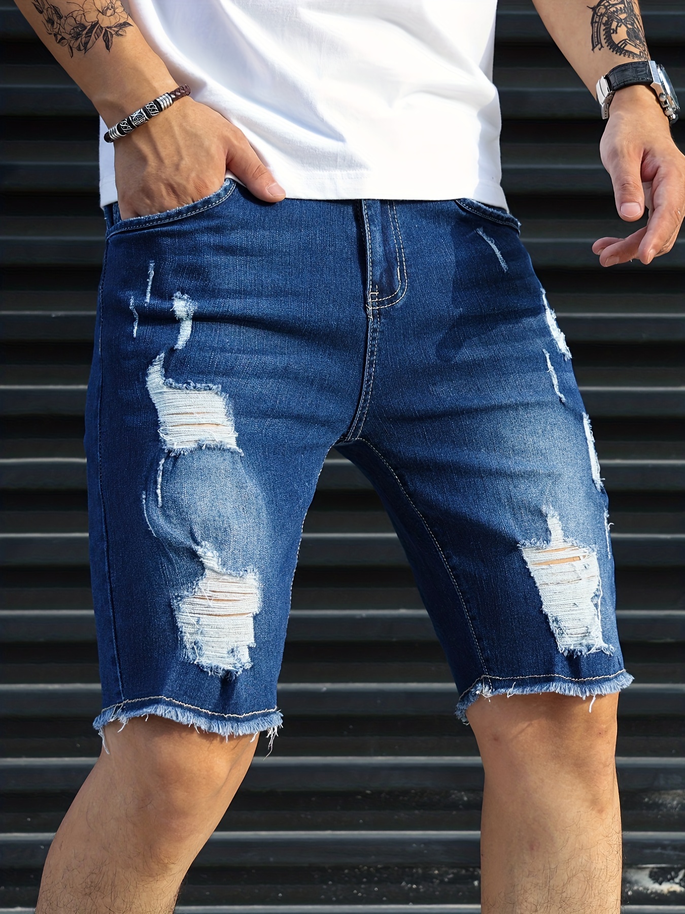 slim fit ripped denim shorts mens casual street style medium stretch distressed denim shorts for summer details 6