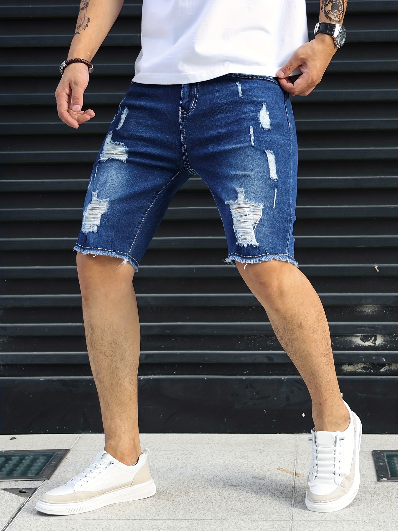 slim fit ripped denim shorts mens casual street style medium stretch distressed denim shorts for summer details 7