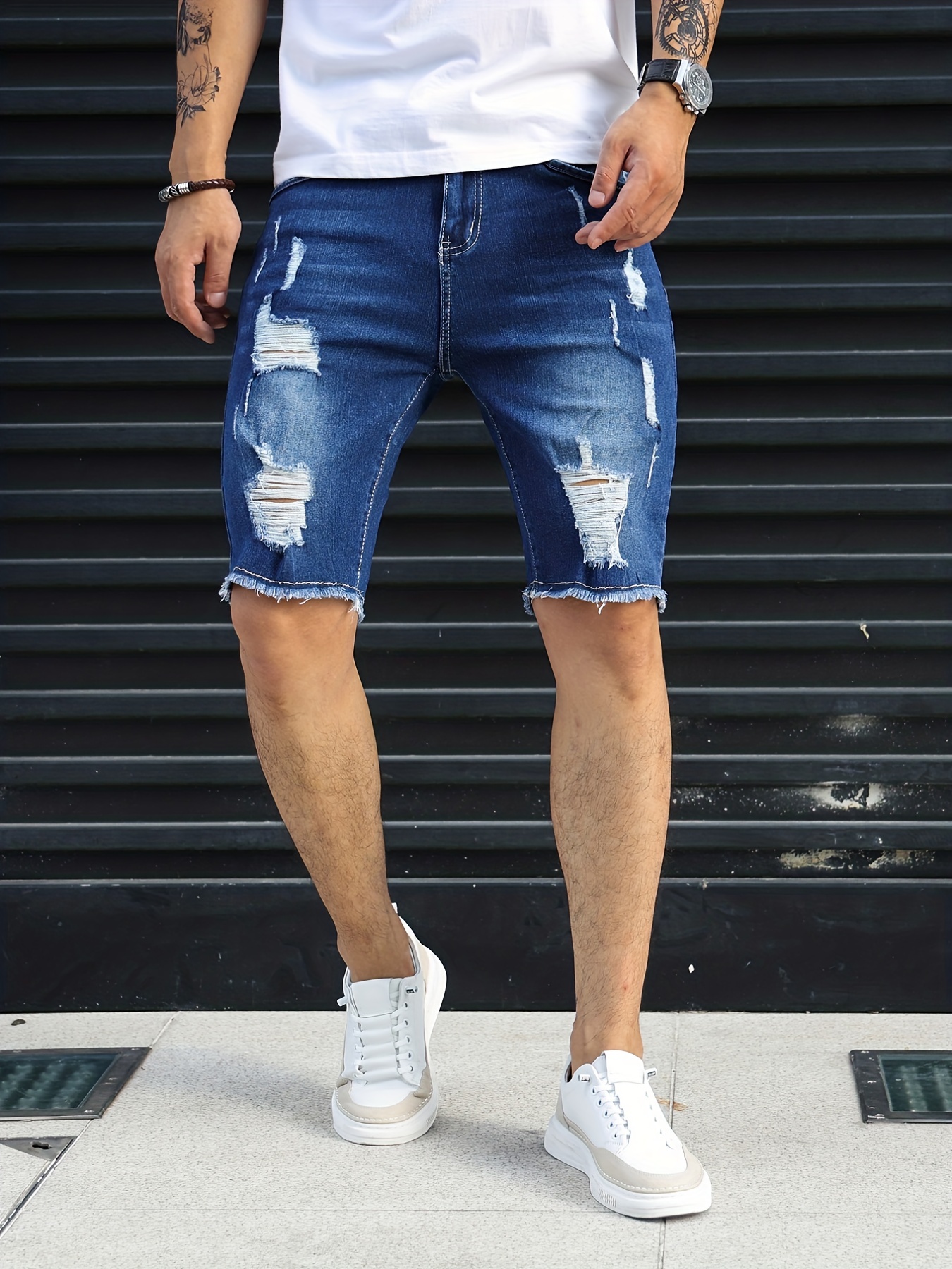 slim fit ripped denim shorts mens casual street style medium stretch distressed denim shorts for summer details 8