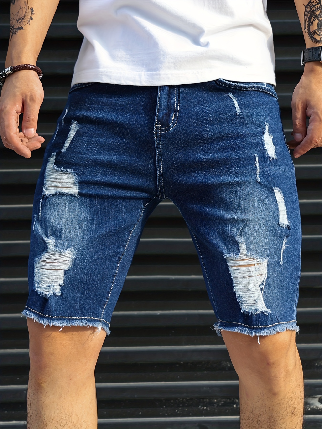 slim fit ripped denim shorts mens casual street style medium stretch distressed denim shorts for summer details 9