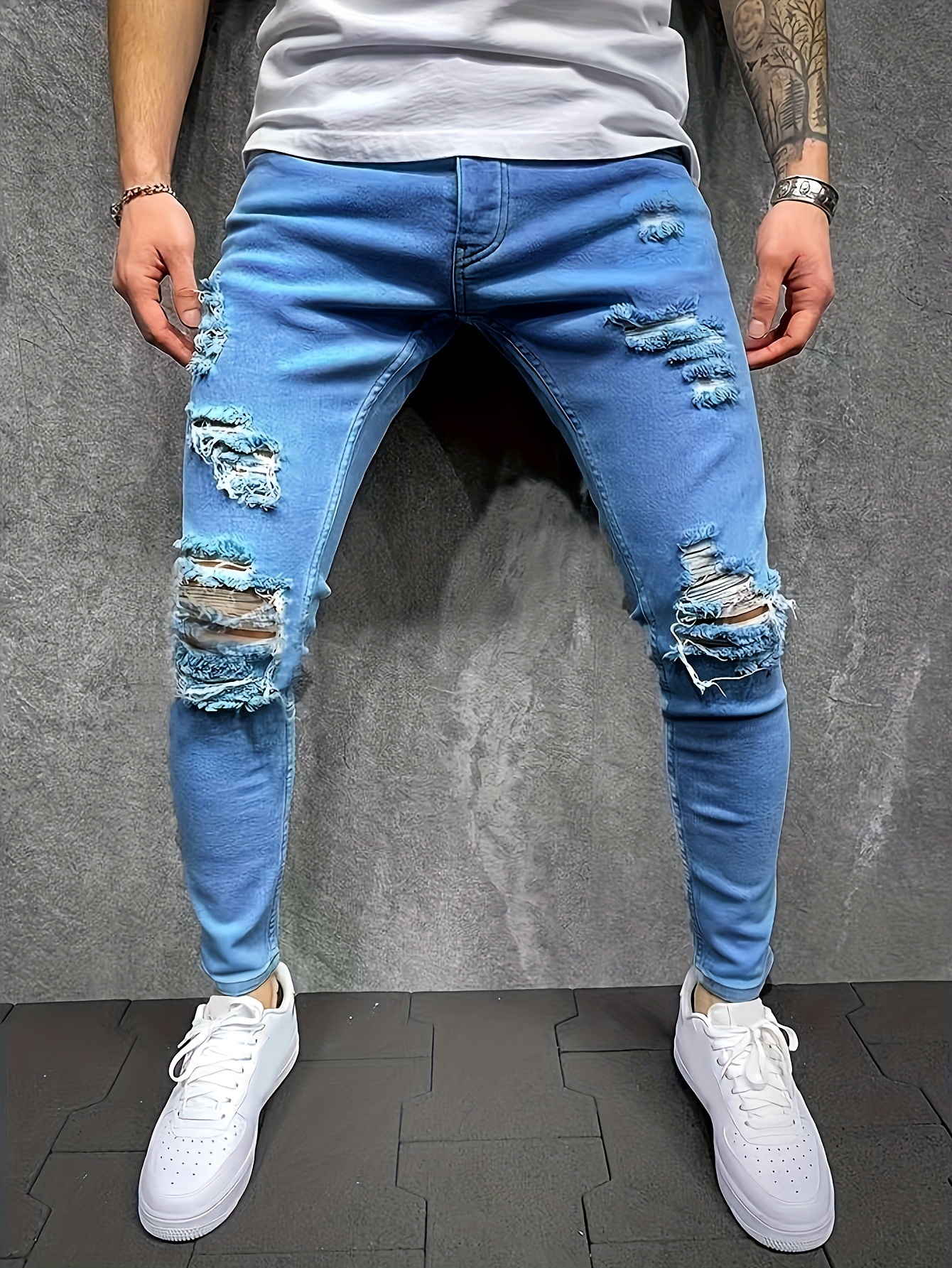 slim fit ripped jeans mens casual street style solid color slightly stretch denim pants for spring summer details 0