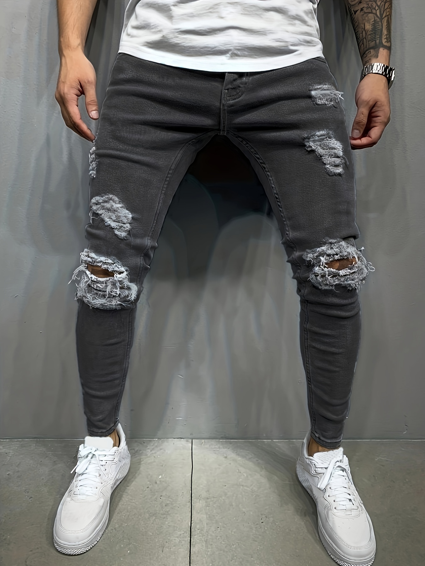 slim fit ripped jeans mens casual street style solid color slightly stretch denim pants for spring summer details 5