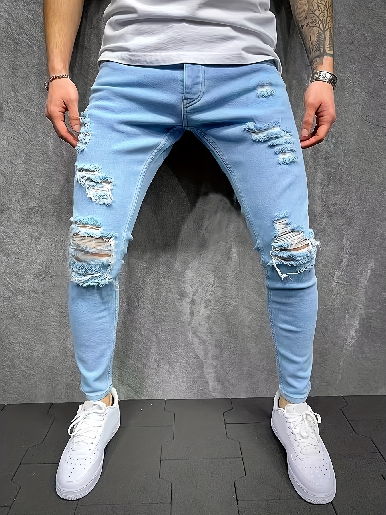 slim fit ripped jeans mens casual street style solid color slightly stretch denim pants for spring summer details 11