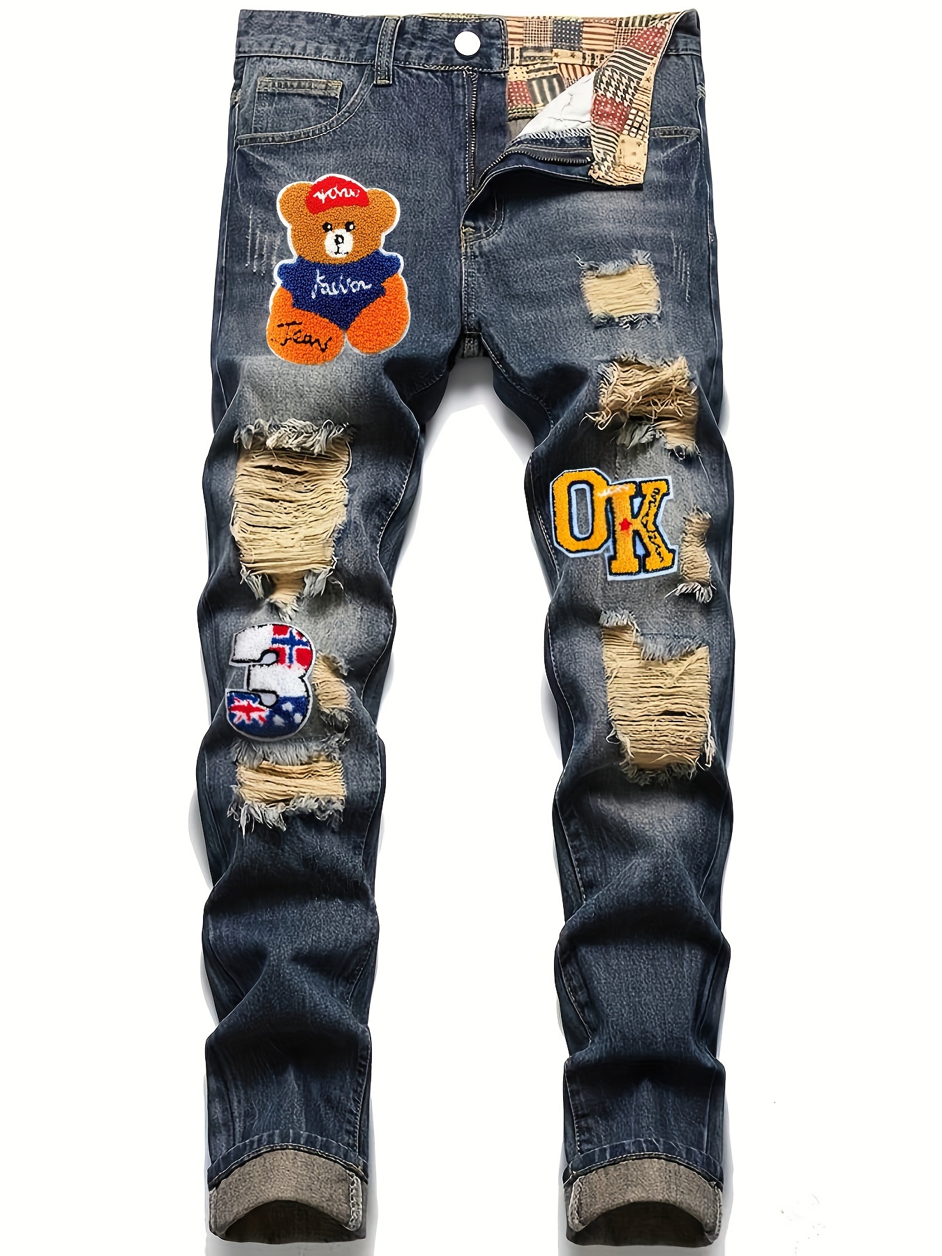 mens casual embroidery jeans chic street style distressed denim pants details 4