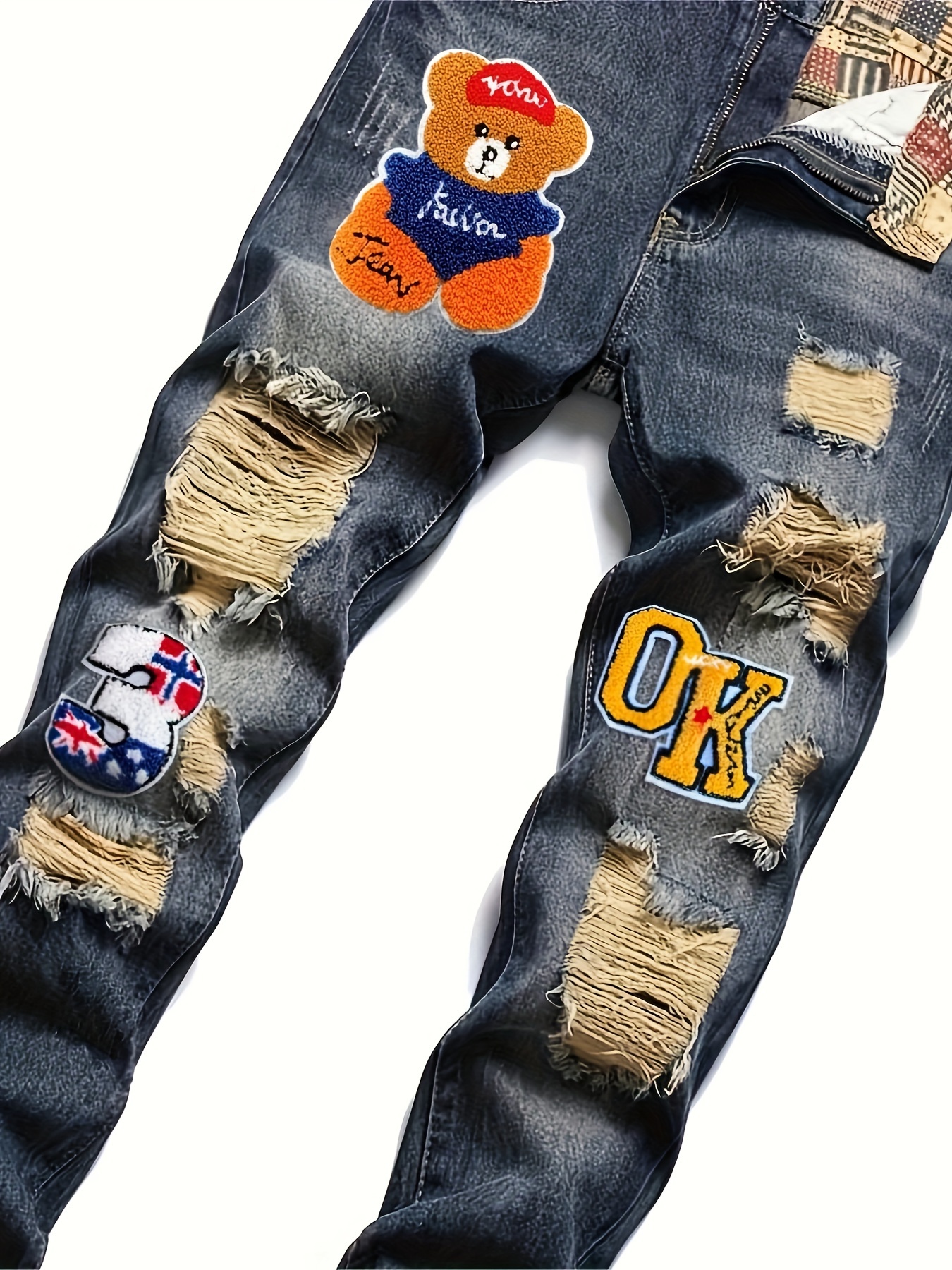 mens casual embroidery jeans chic street style distressed denim pants details 5