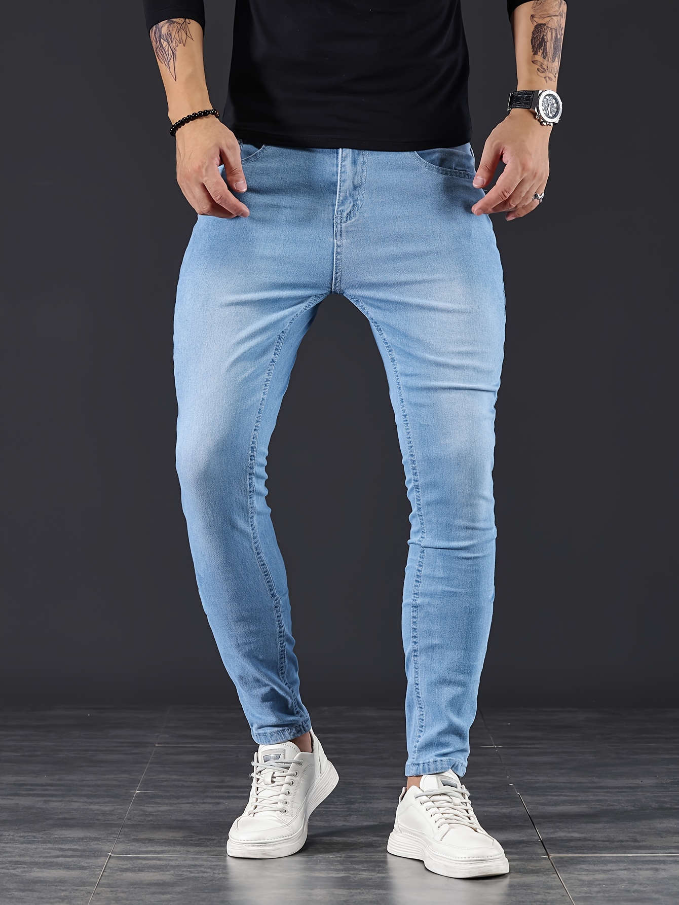 chic skinny medium stretch jeans mens casual street style distressed denim pants details 0