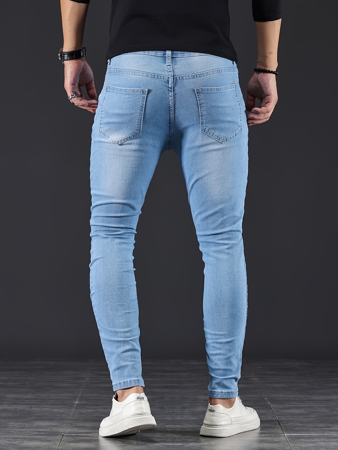 chic skinny medium stretch jeans mens casual street style distressed denim pants details 1