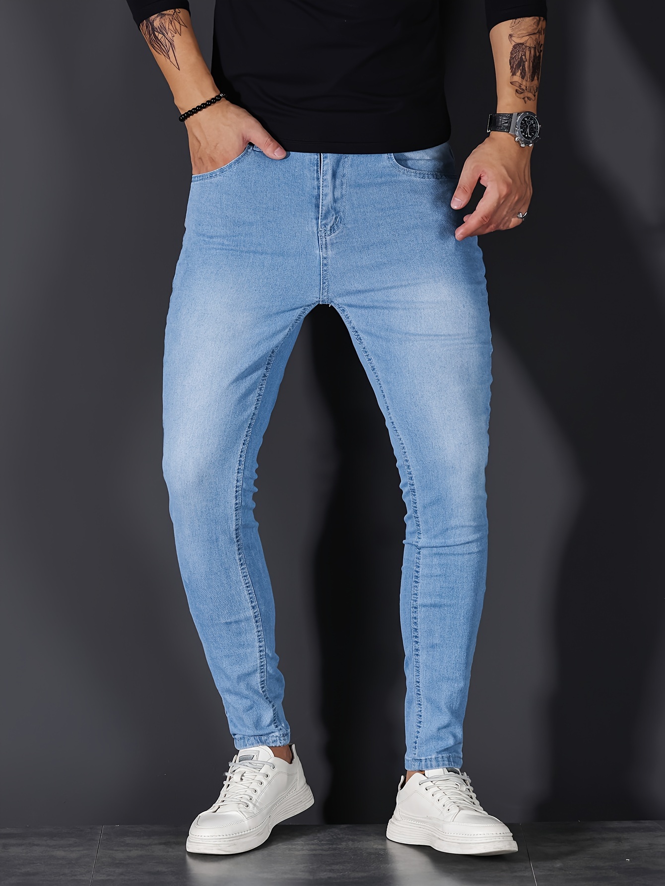 chic skinny medium stretch jeans mens casual street style distressed denim pants details 2