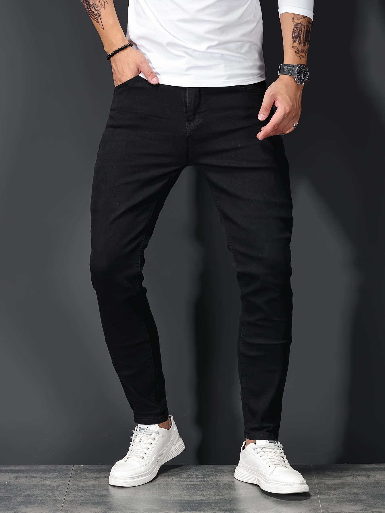 chic skinny medium stretch jeans mens casual street style distressed denim pants details 7