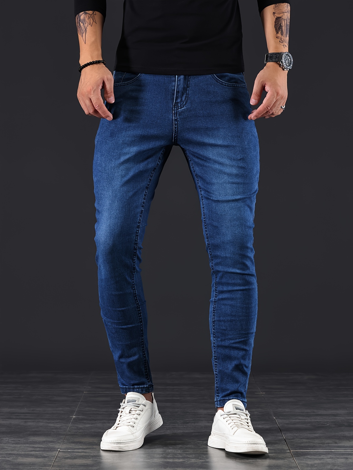 chic skinny medium stretch jeans mens casual street style distressed denim pants details 11