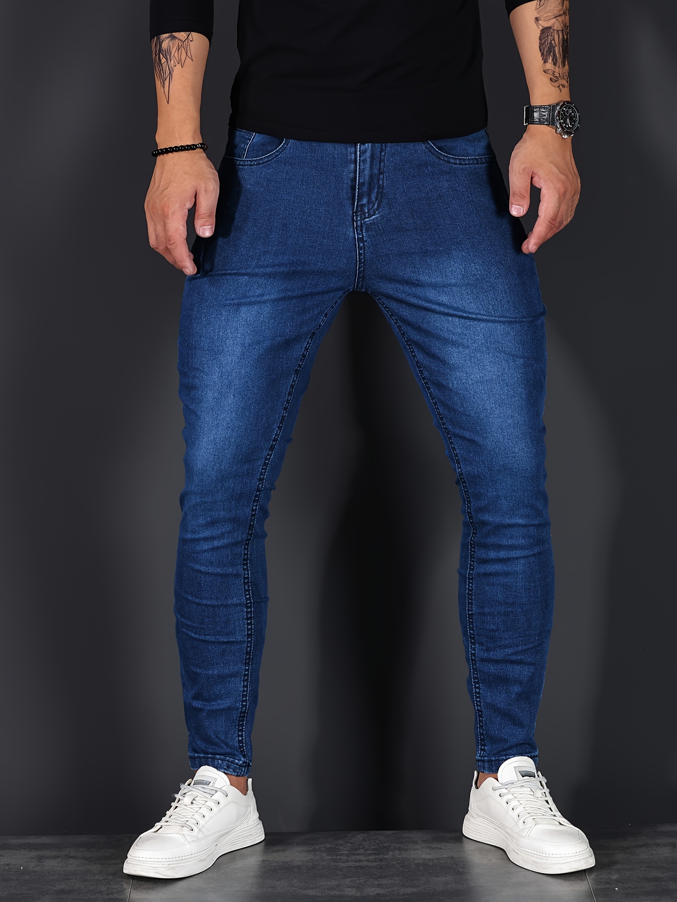 chic skinny medium stretch jeans mens casual street style distressed denim pants details 12