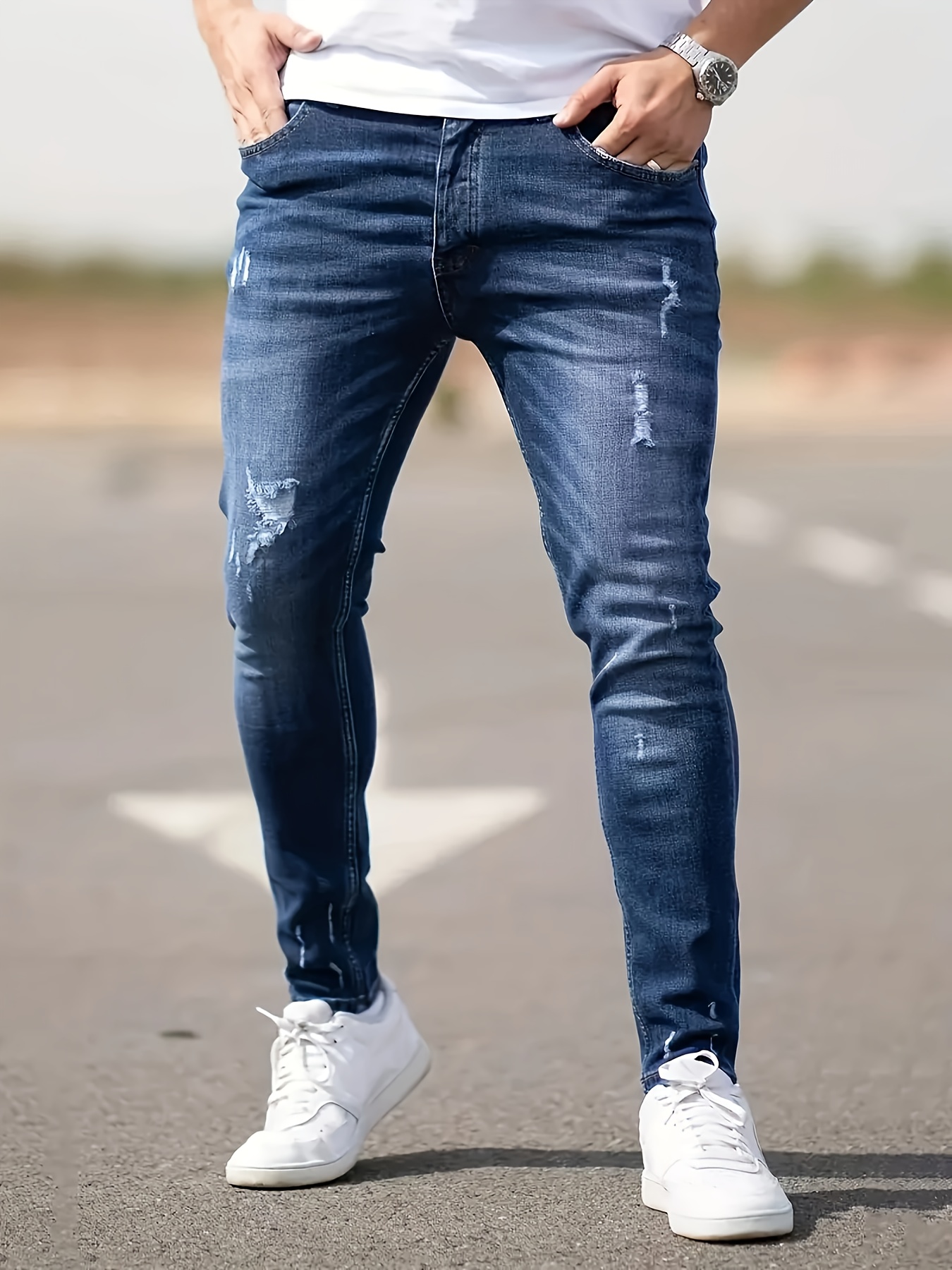 mens casual skinny ripped jeans street style classic design jeans details 0