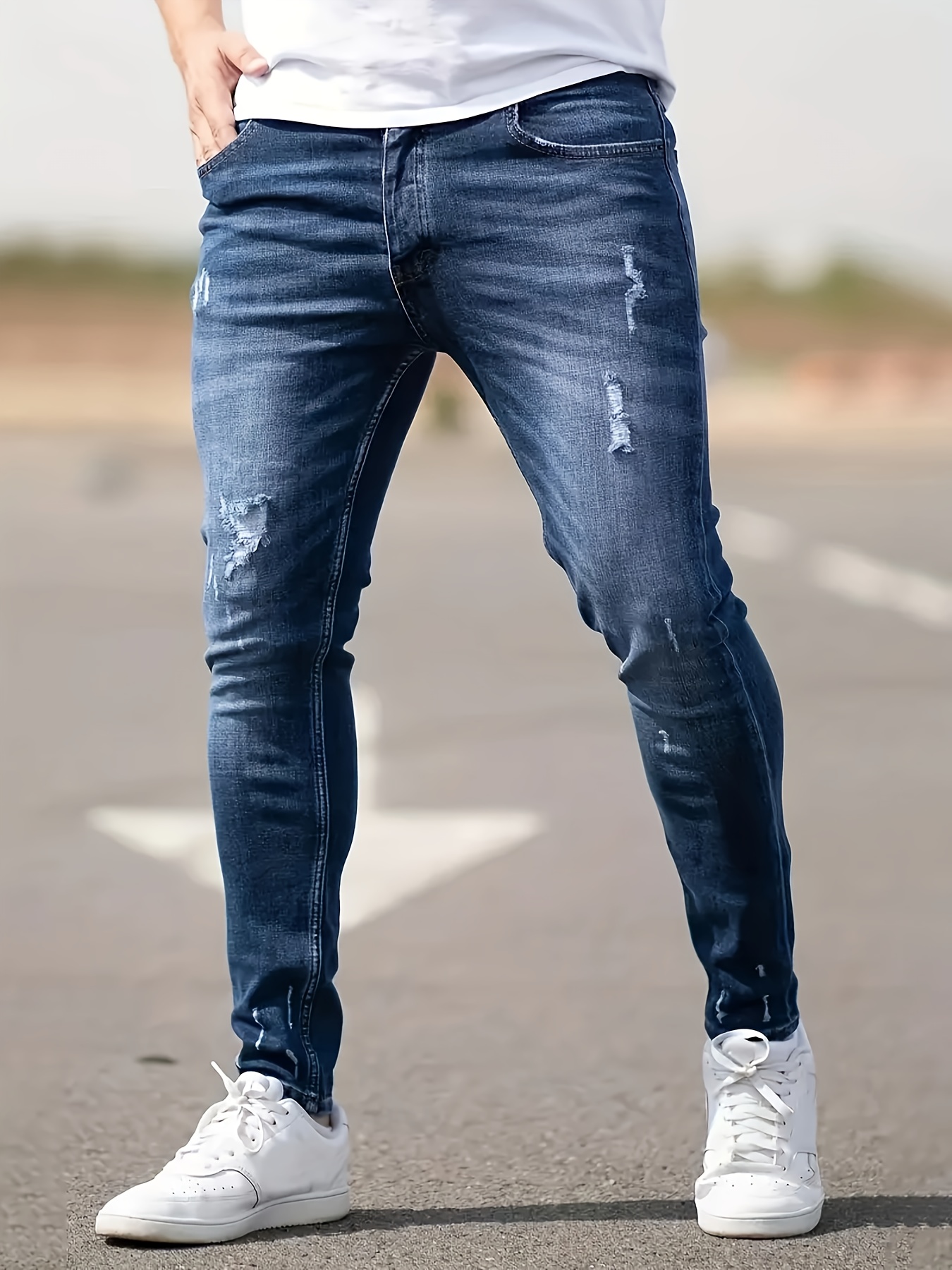 mens casual skinny ripped jeans street style classic design jeans details 1