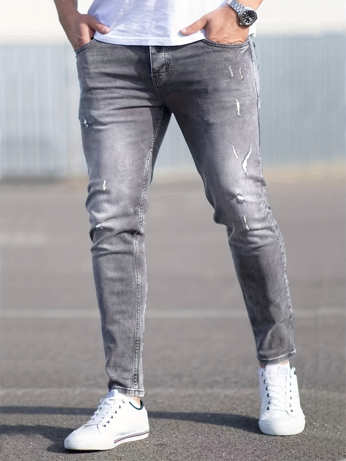 slim fit stretch jeans mens casual street style distressed denim pants with pockets details 0