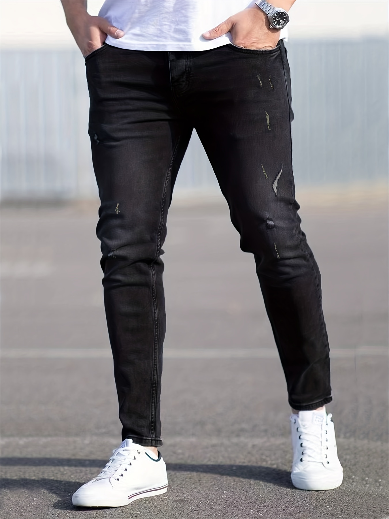 slim fit stretch jeans mens casual street style distressed denim pants with pockets details 5