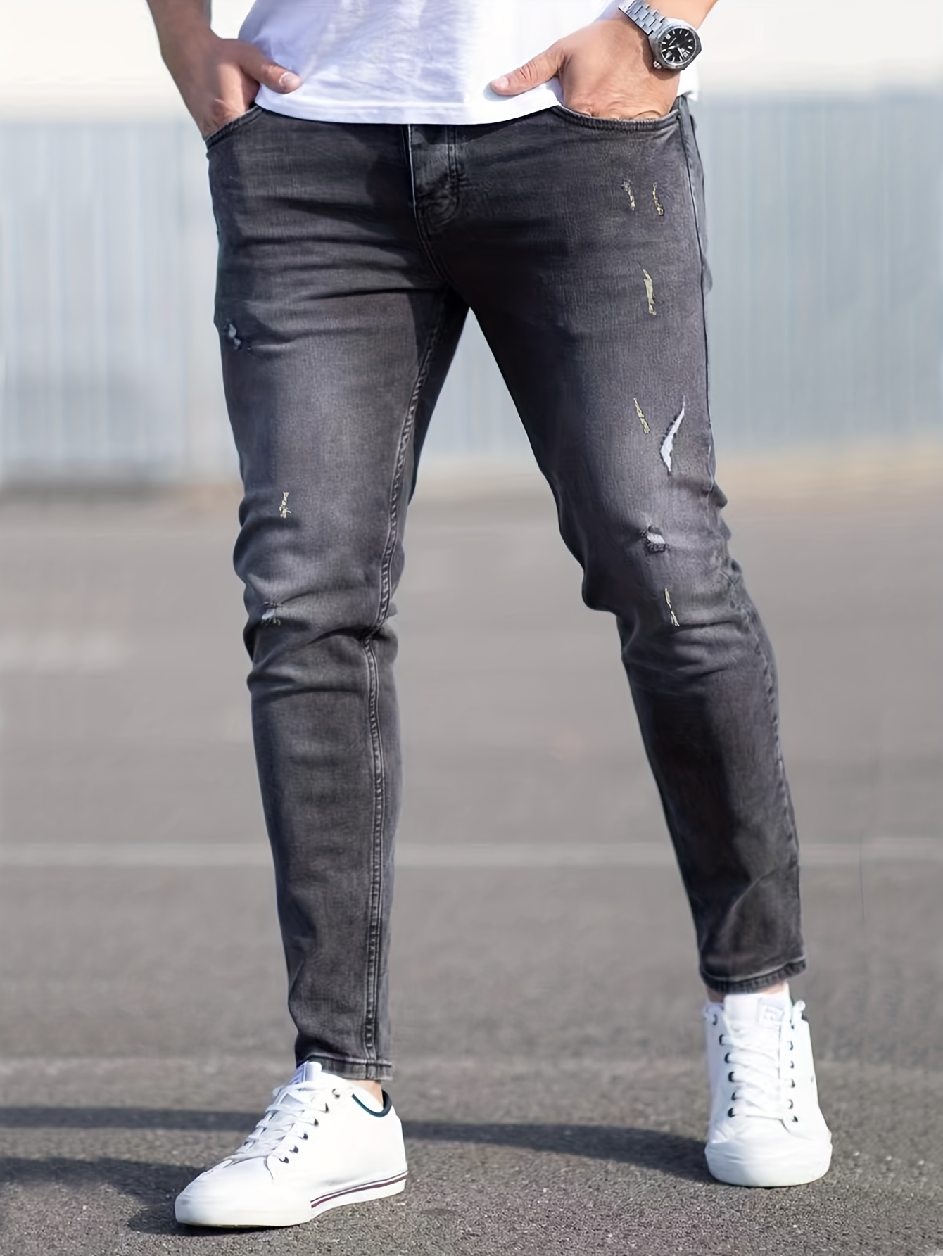 slim fit stretch jeans mens casual street style distressed denim pants with pockets details 11