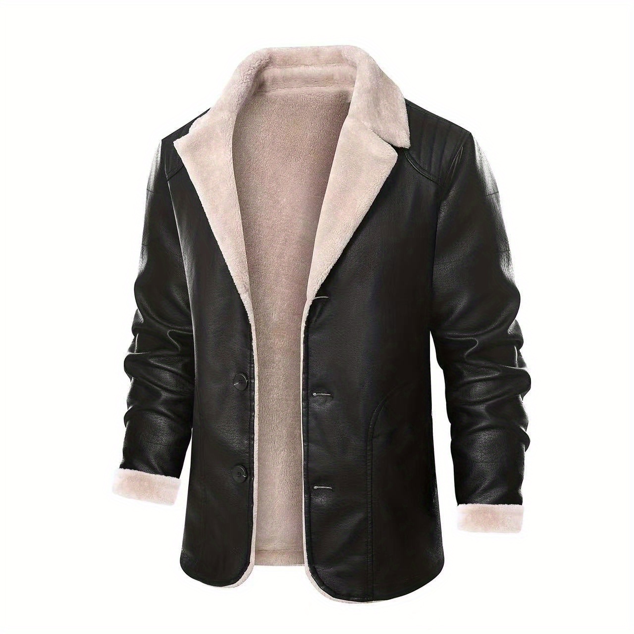 warm fleece pu jacket mens casual lapel faux leather jacket for fall winter details 0