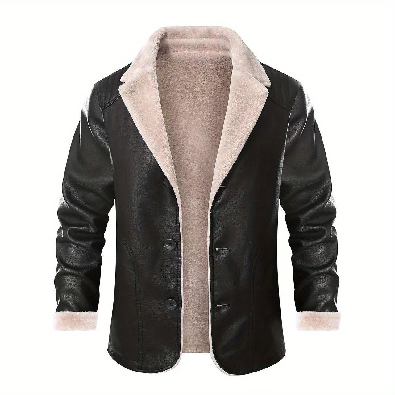 warm fleece pu jacket mens casual lapel faux leather jacket for fall winter details 1