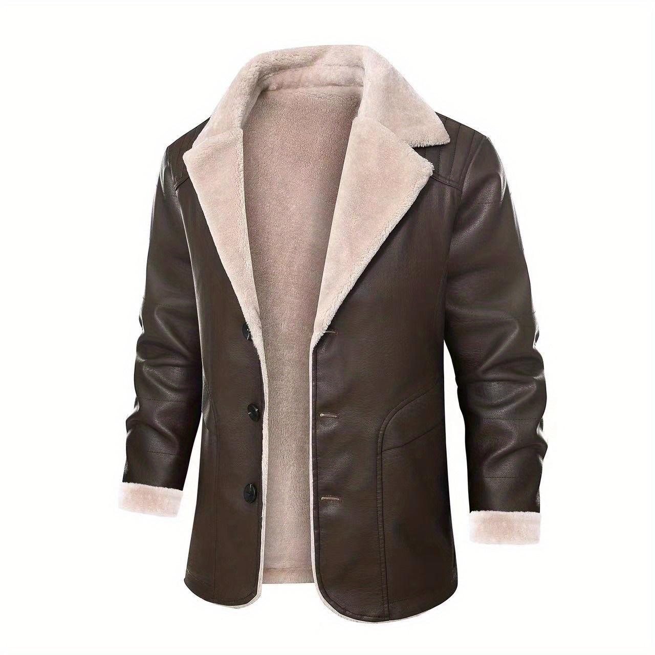 warm fleece pu jacket mens casual lapel faux leather jacket for fall winter details 4