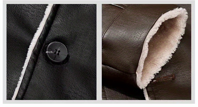 warm fleece pu jacket mens casual lapel faux leather jacket for fall winter details 11