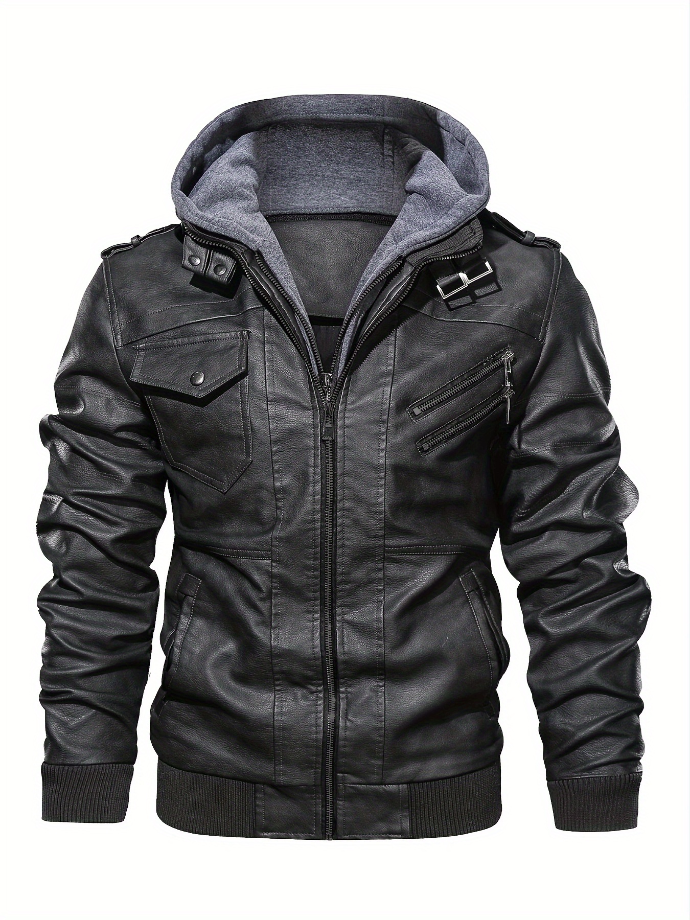 mens pu leather hooded pockets zipper long sleeves jackets details 0