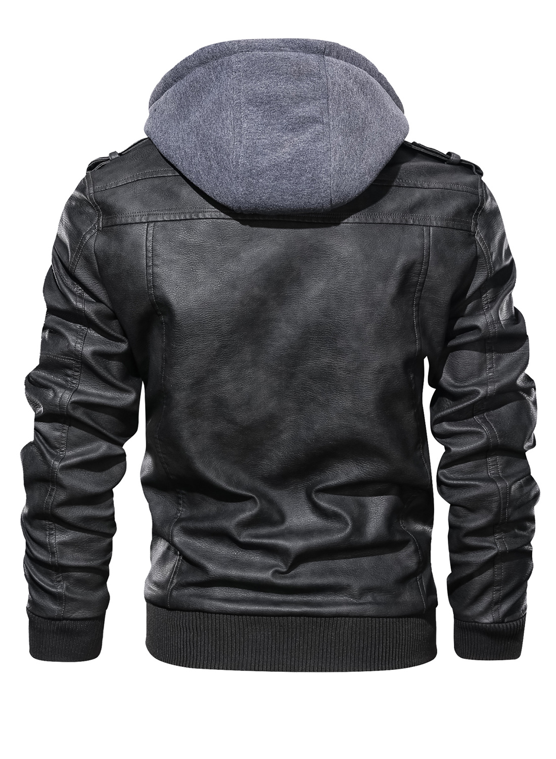 mens pu leather hooded pockets zipper long sleeves jackets details 1