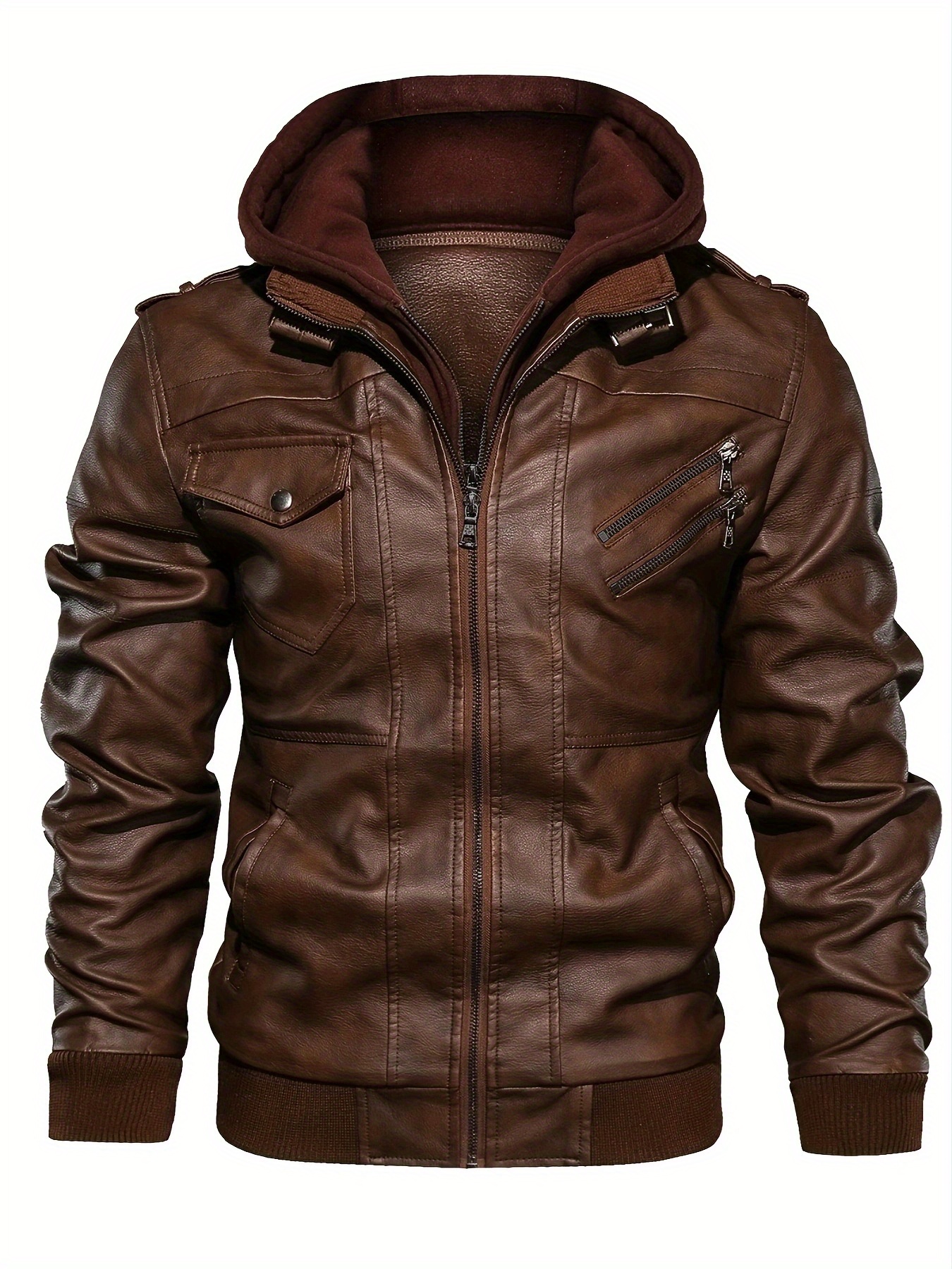 mens pu leather hooded pockets zipper long sleeves jackets details 2