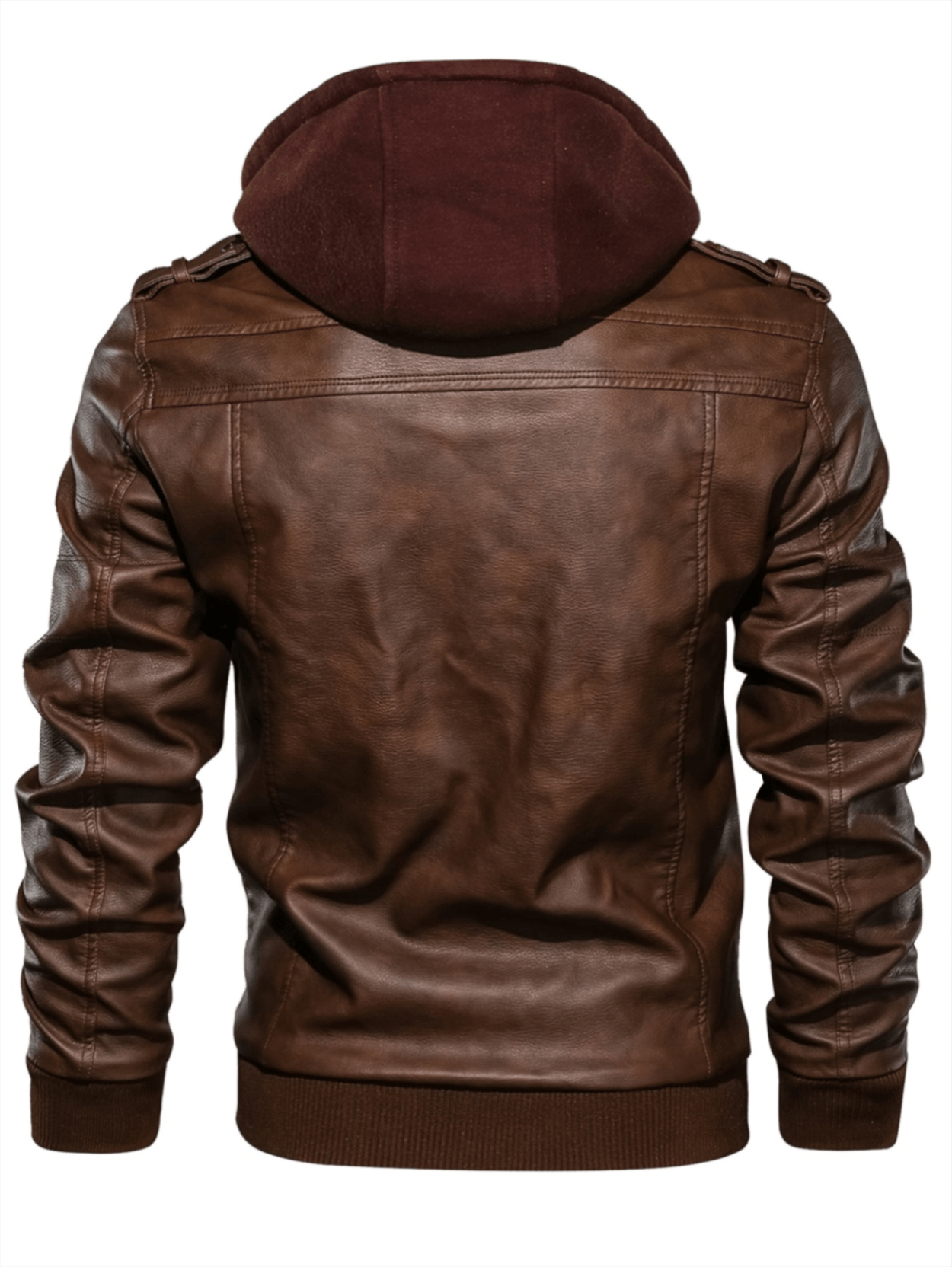 mens pu leather hooded pockets zipper long sleeves jackets details 3