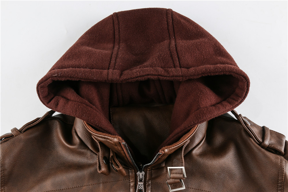 mens pu leather hooded pockets zipper long sleeves jackets details 4