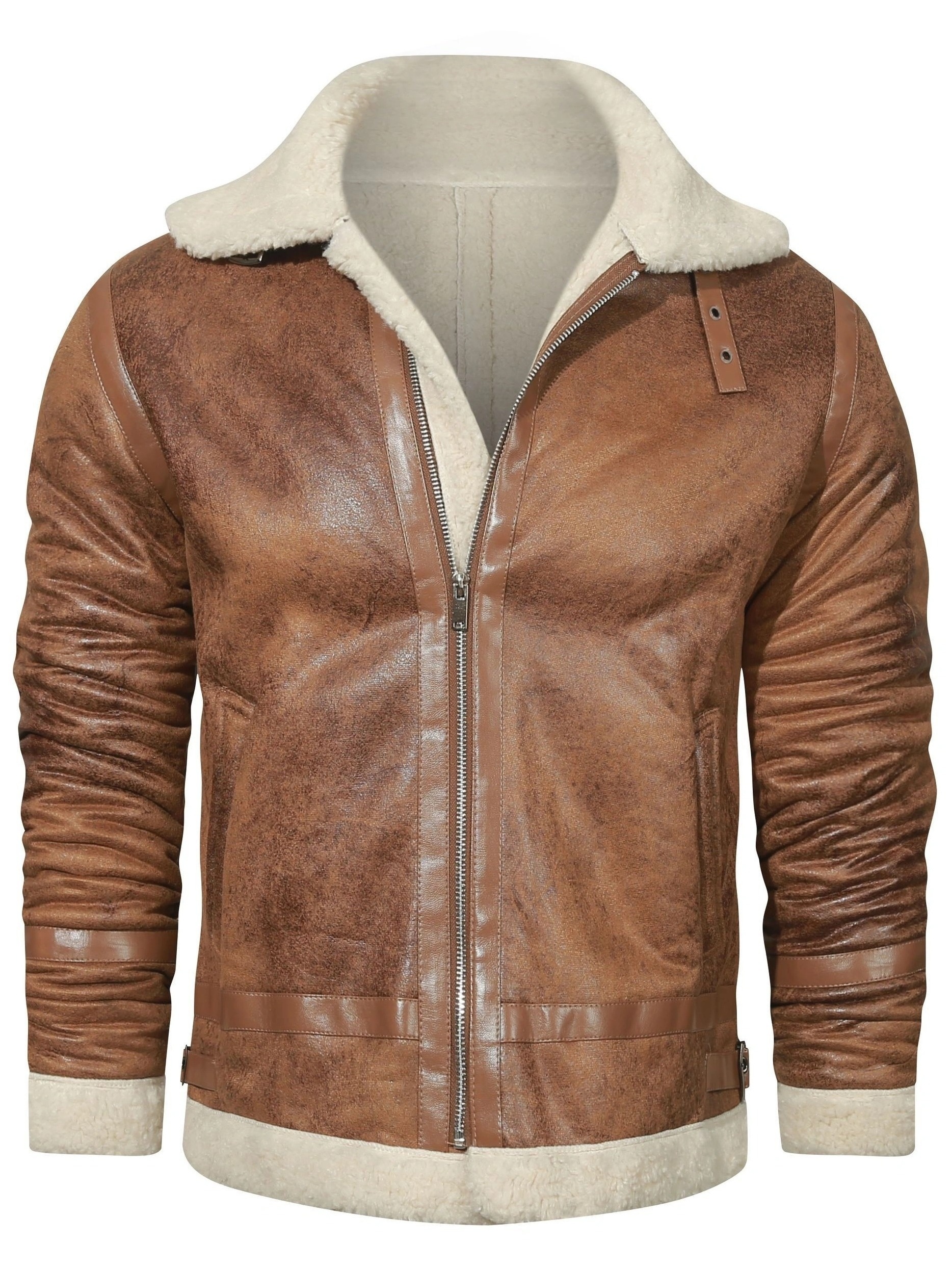 mens vintage casual leather jacket classic long sleeve zipper thermal fleece jacket for winter details 1