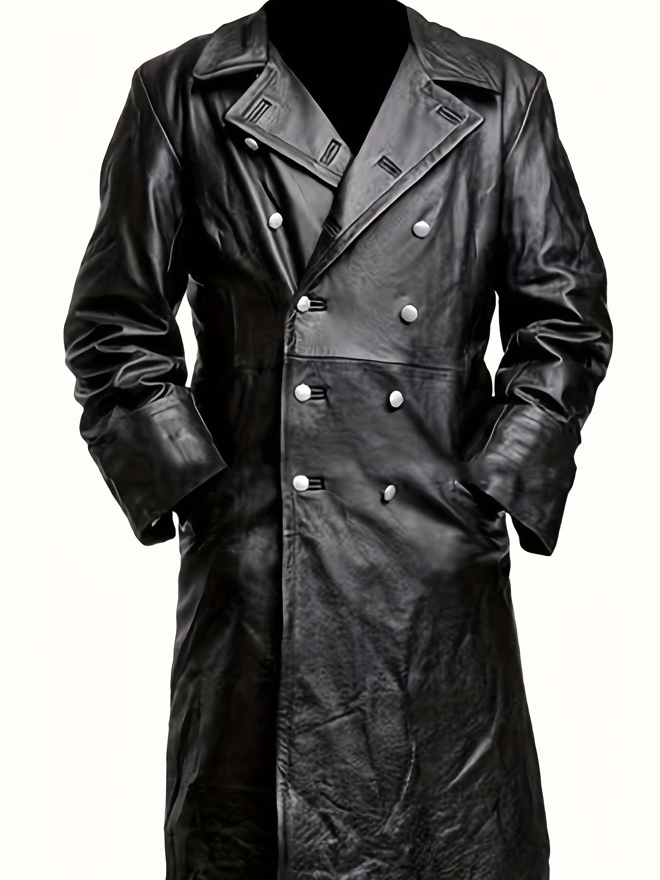 mens casual pu leather overcoat long double breasted trench coat details 0