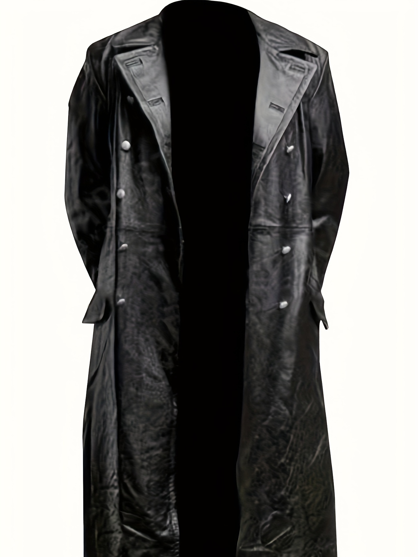 mens casual pu leather overcoat long double breasted trench coat details 1