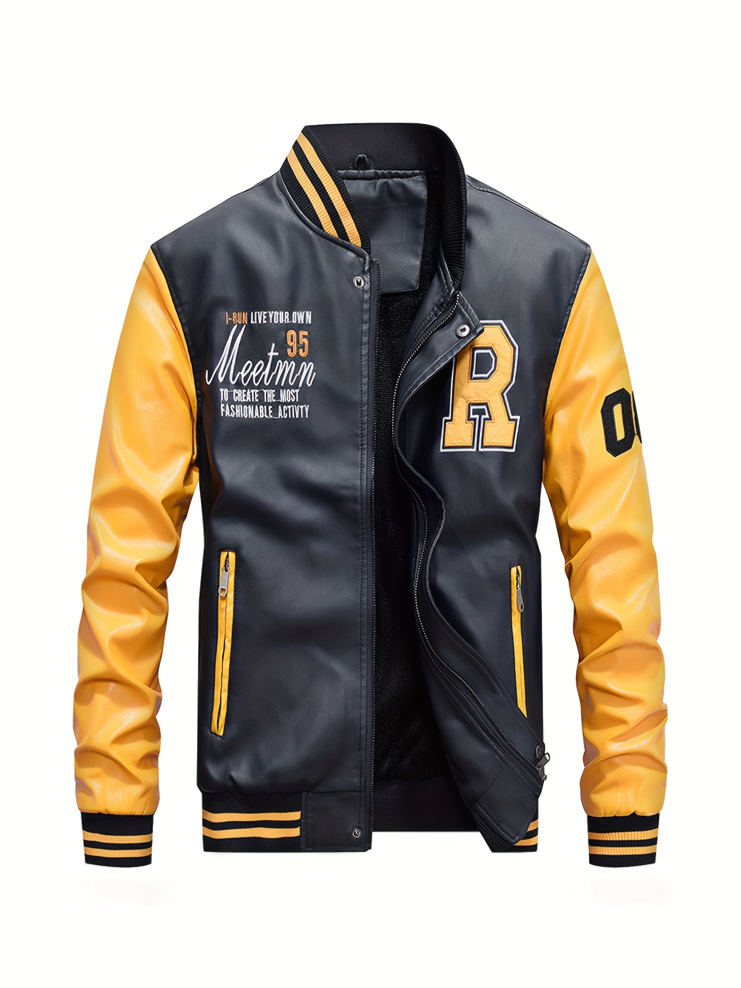 mens stylish comfy vintage style solid baseball jacket with pockets casual breathable baseball collar zip up long sleeve warm varsity jacket for city walk street hanging details 9