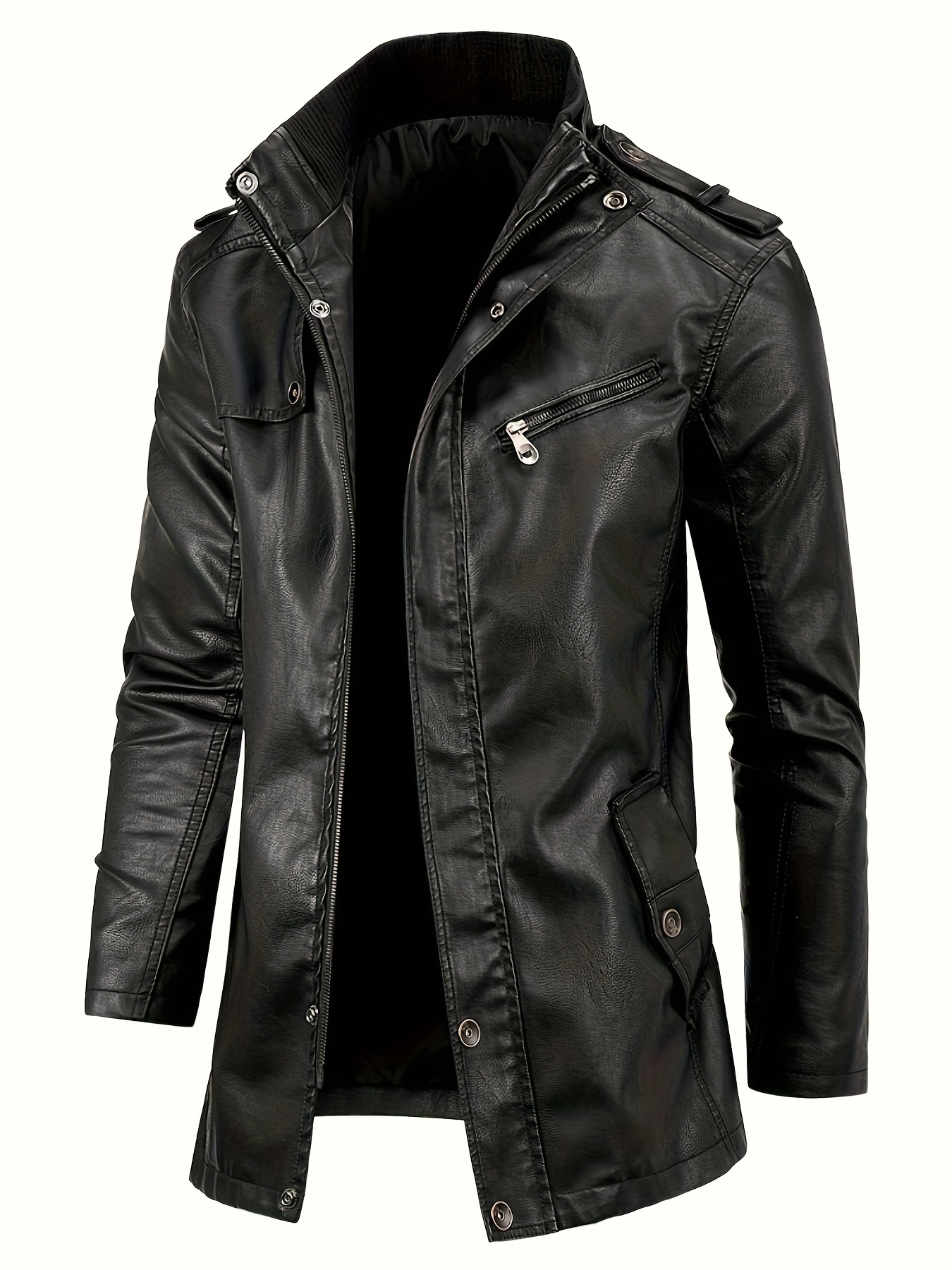 mens cool pu leather jacket casual street style stand collar overcoat with zipper pockets details 0