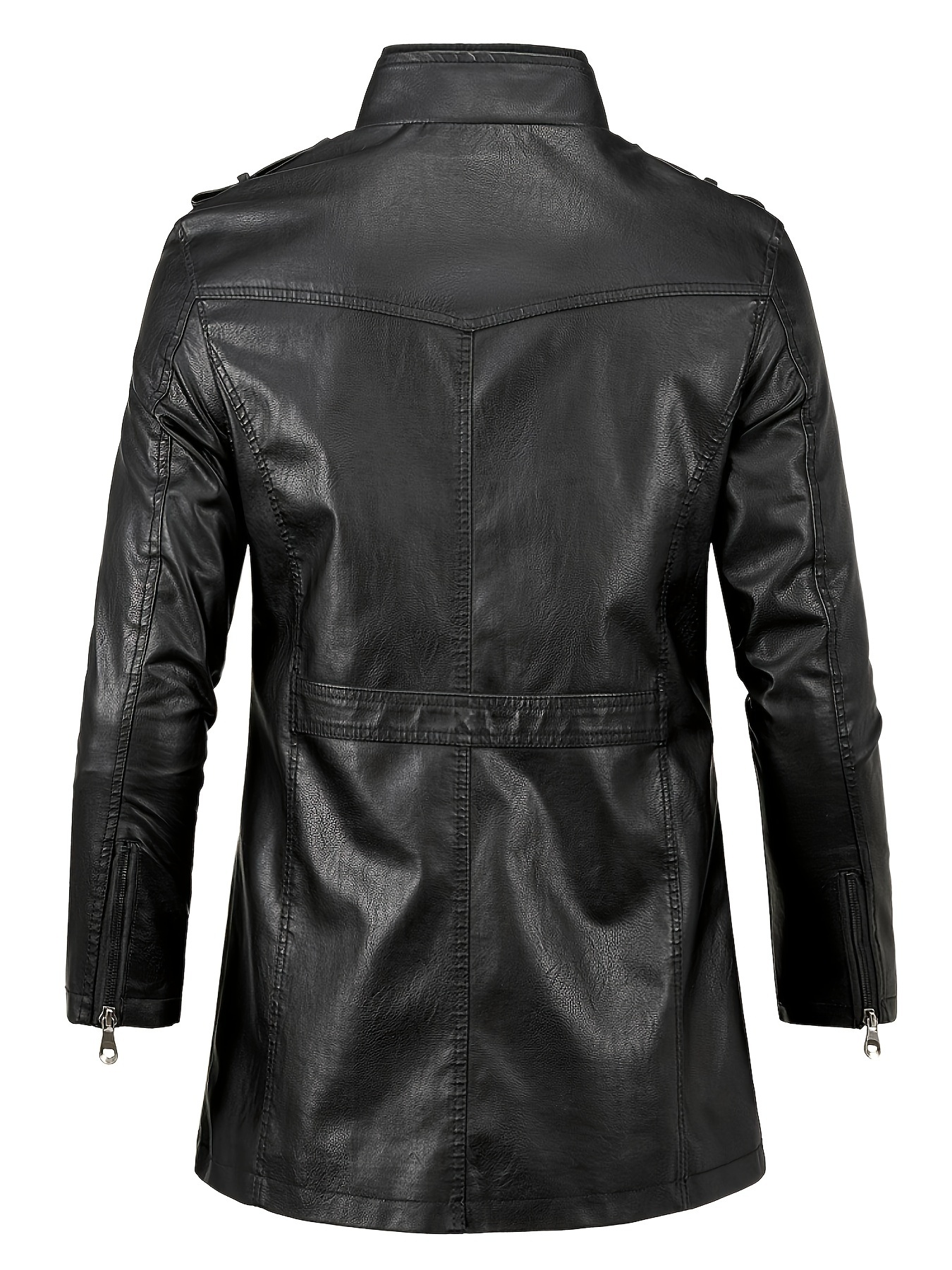 mens cool pu leather jacket casual street style stand collar overcoat with zipper pockets details 1