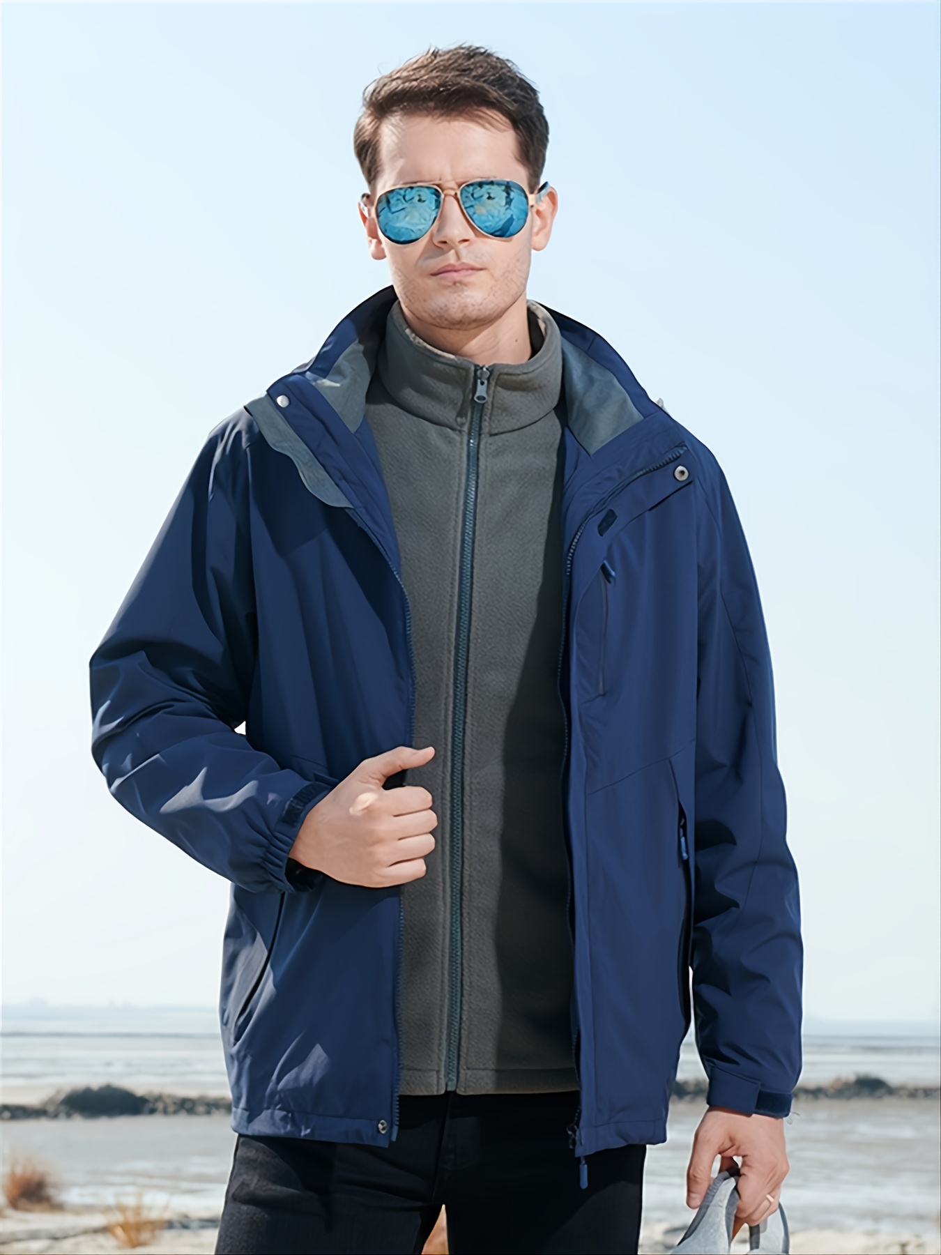 mens winter jacket casual solid color windproof waterproof warm 3 in 1 sporty zipper hooded jacket details 0