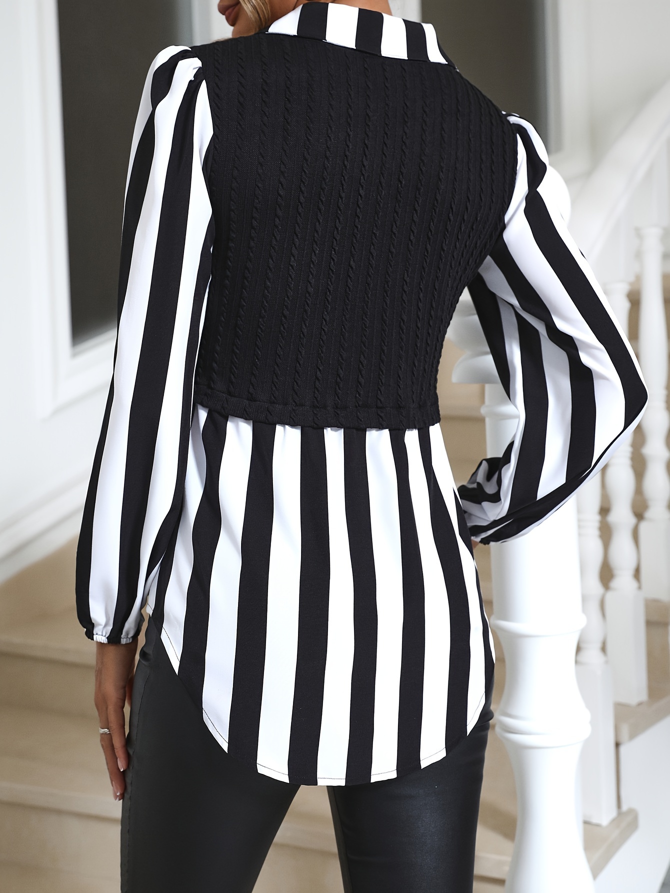 stripe print splicing polo collar blouse casual long sleeve blouse for spring fall womens clothing details 4